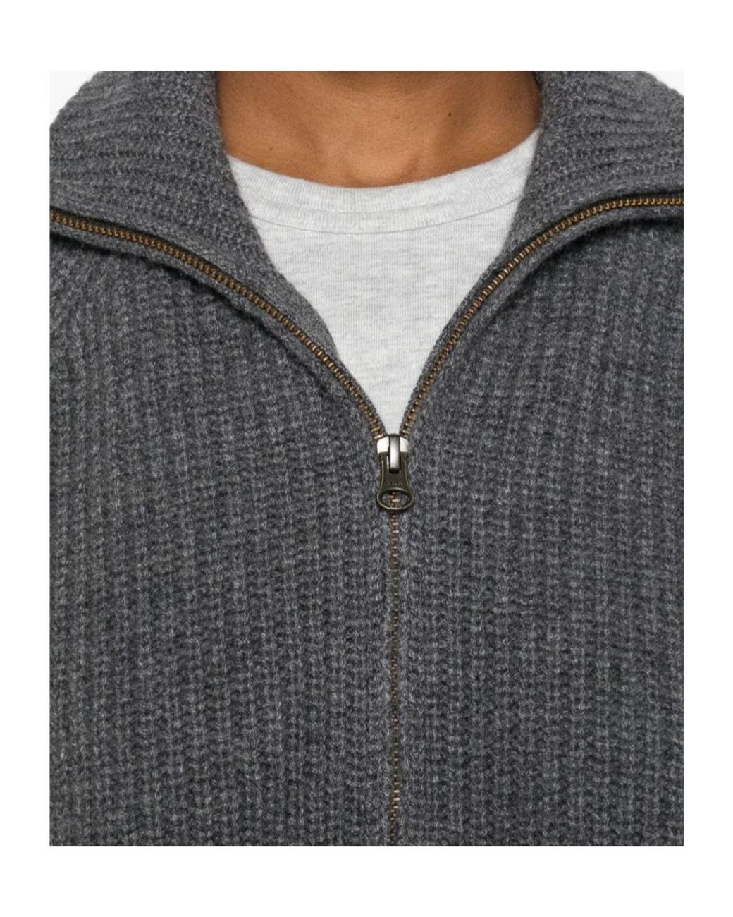 Lisa Yang Gray Ribbed Zip-Up Knitted Sweater