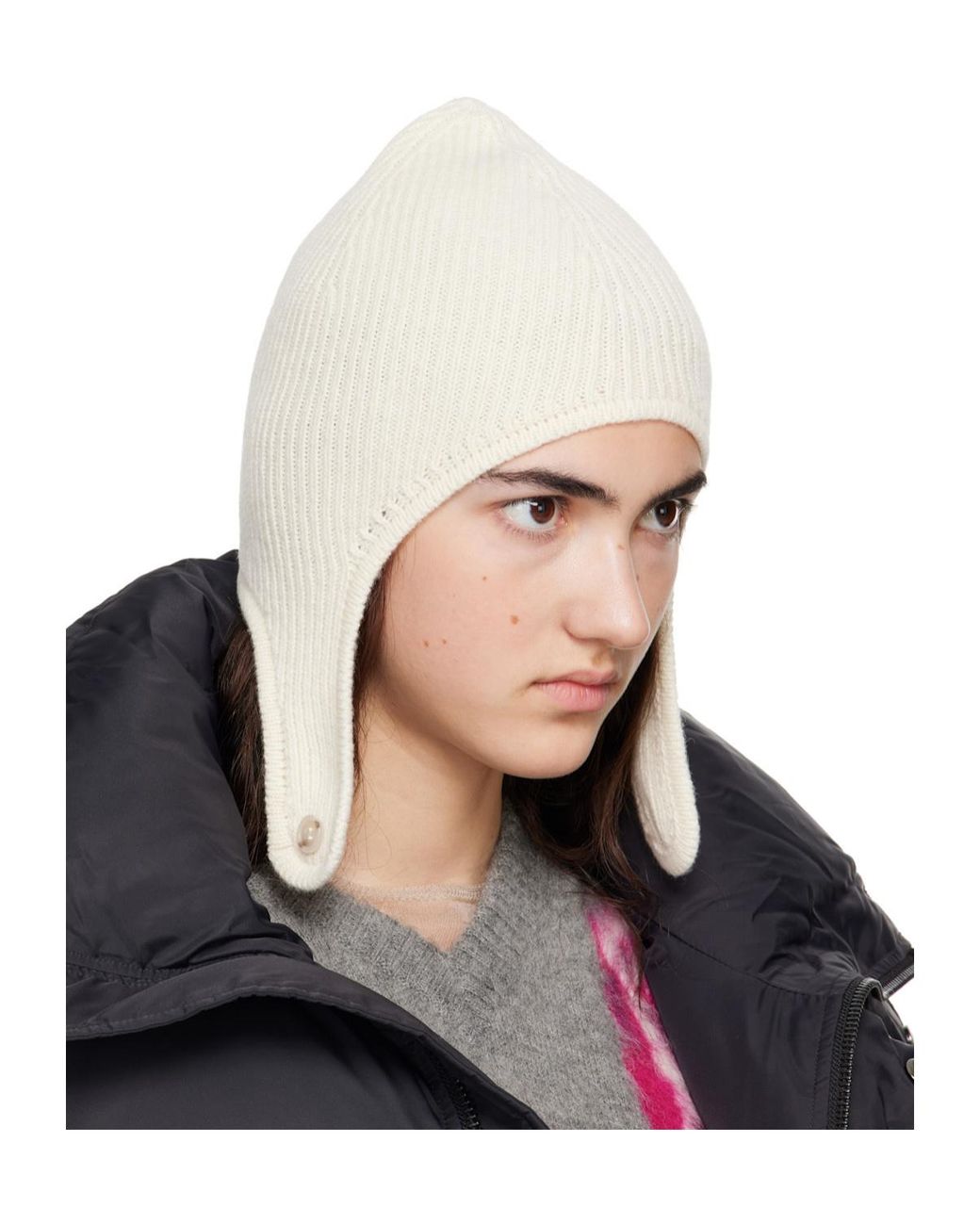 MM6 by Maison Margiela White Ribbed-Knit Button-Fastening Beanie Hat