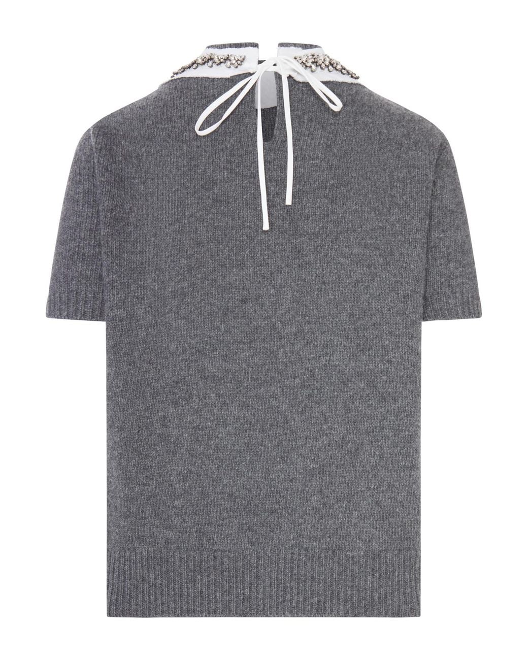 Prada Gray Embellished Collar Short-Sleeved Knitted Jumper