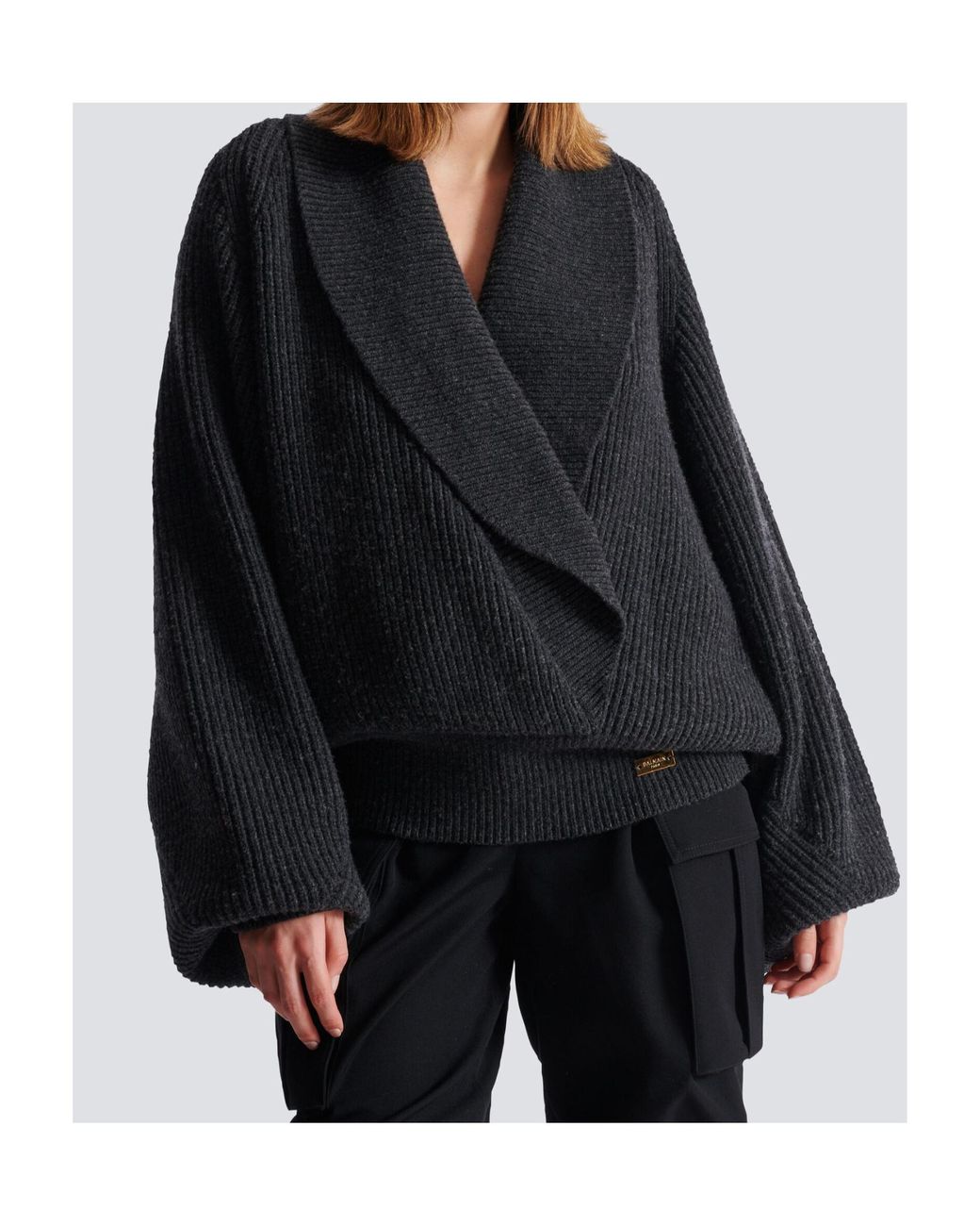 Balmain Black Batwing Open-Neck Ribbed Knit Sweater