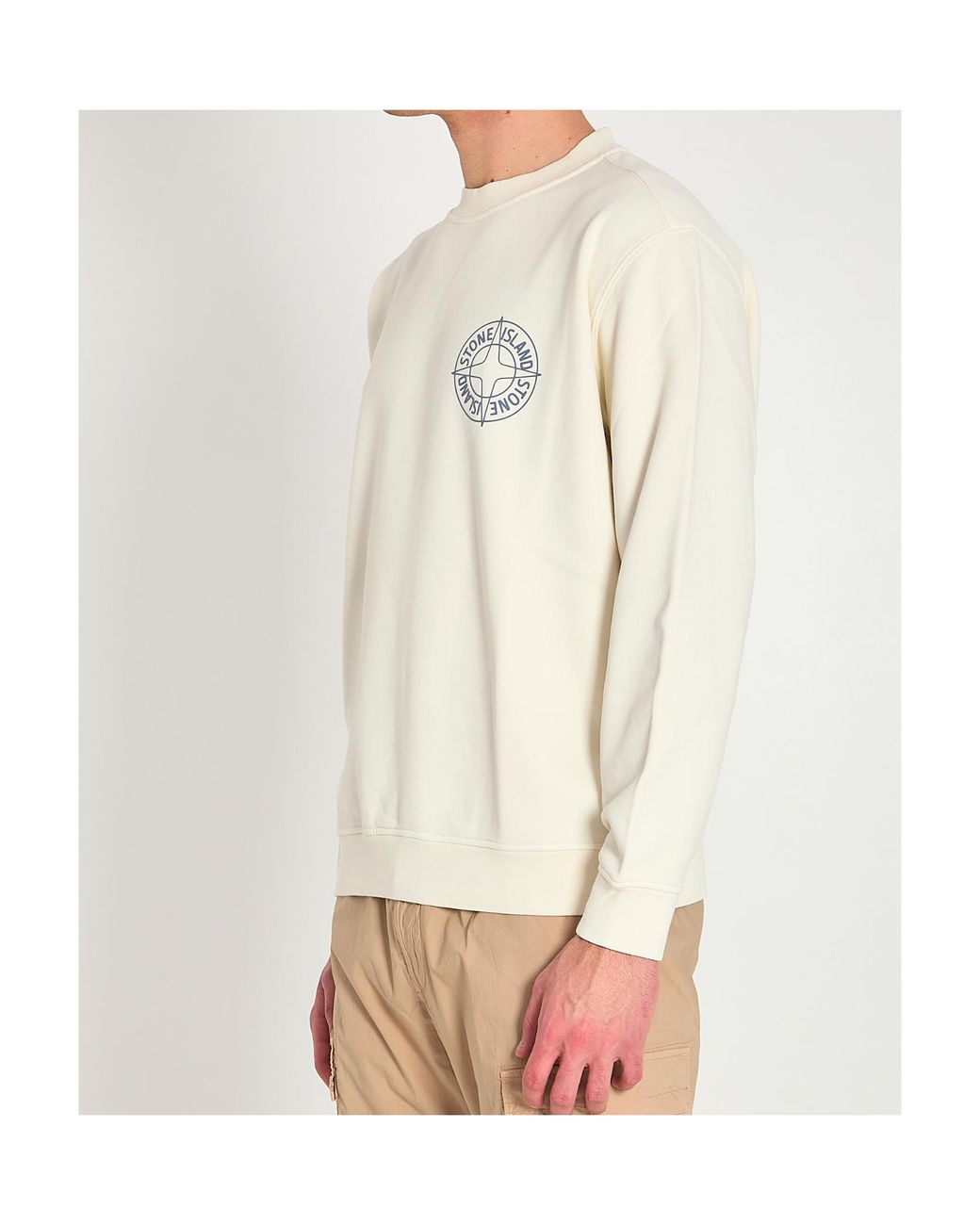 Stone Island White Long-Sleeved Crew Neck Sweatshirt for men