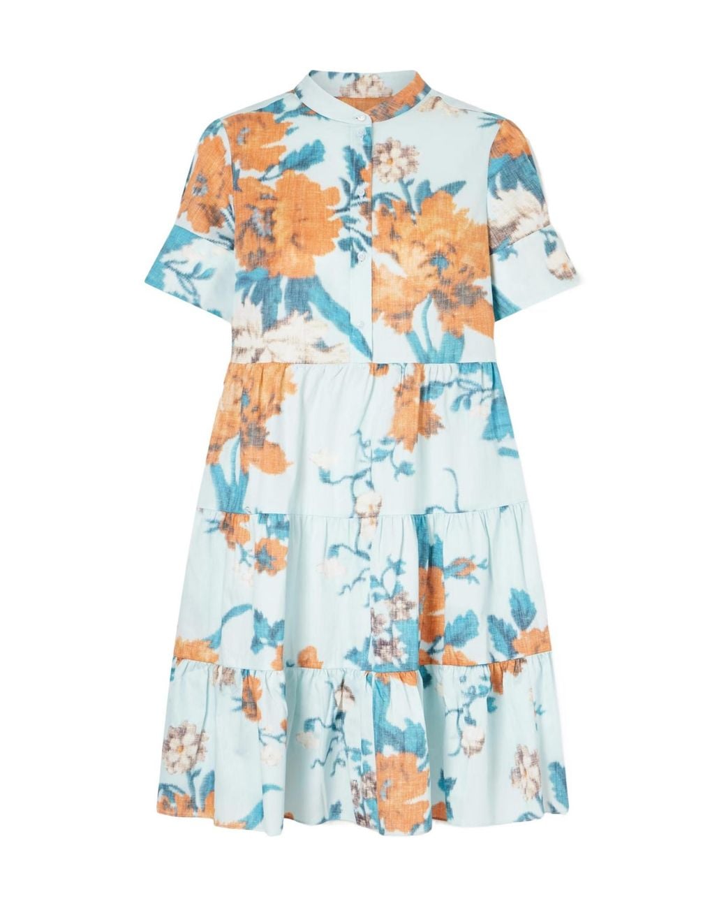 Erdem Blue Tiered Floral-Print Cotton Mini Dress