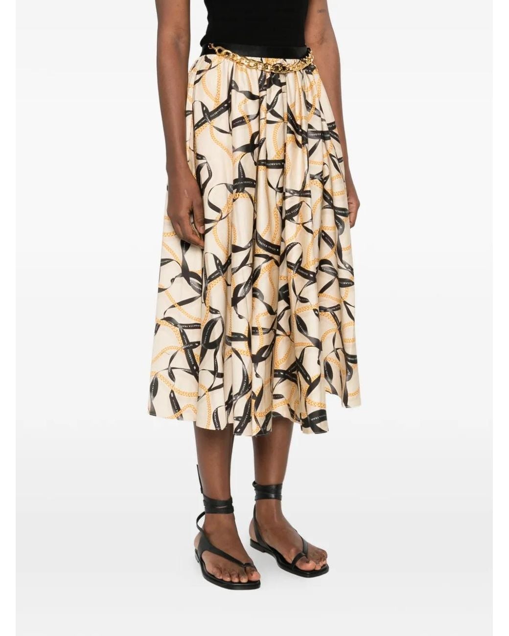 Elisabetta Franchi Natural Printed Skirt With Ribbon And Chain Detail