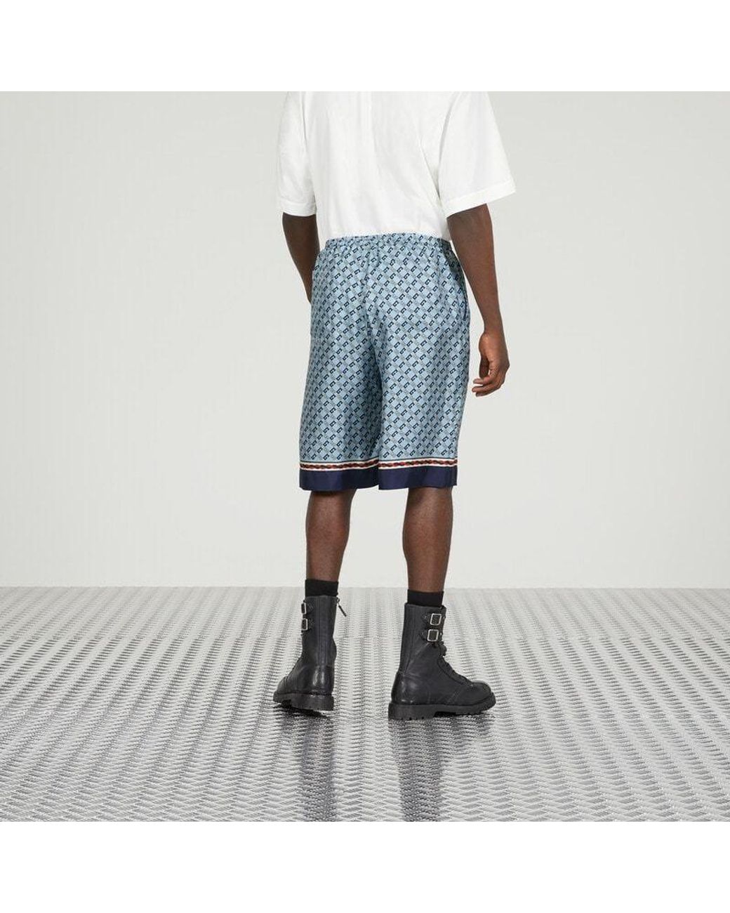 Gucci Blue Geometric Square G Printed Silk Shorts for men