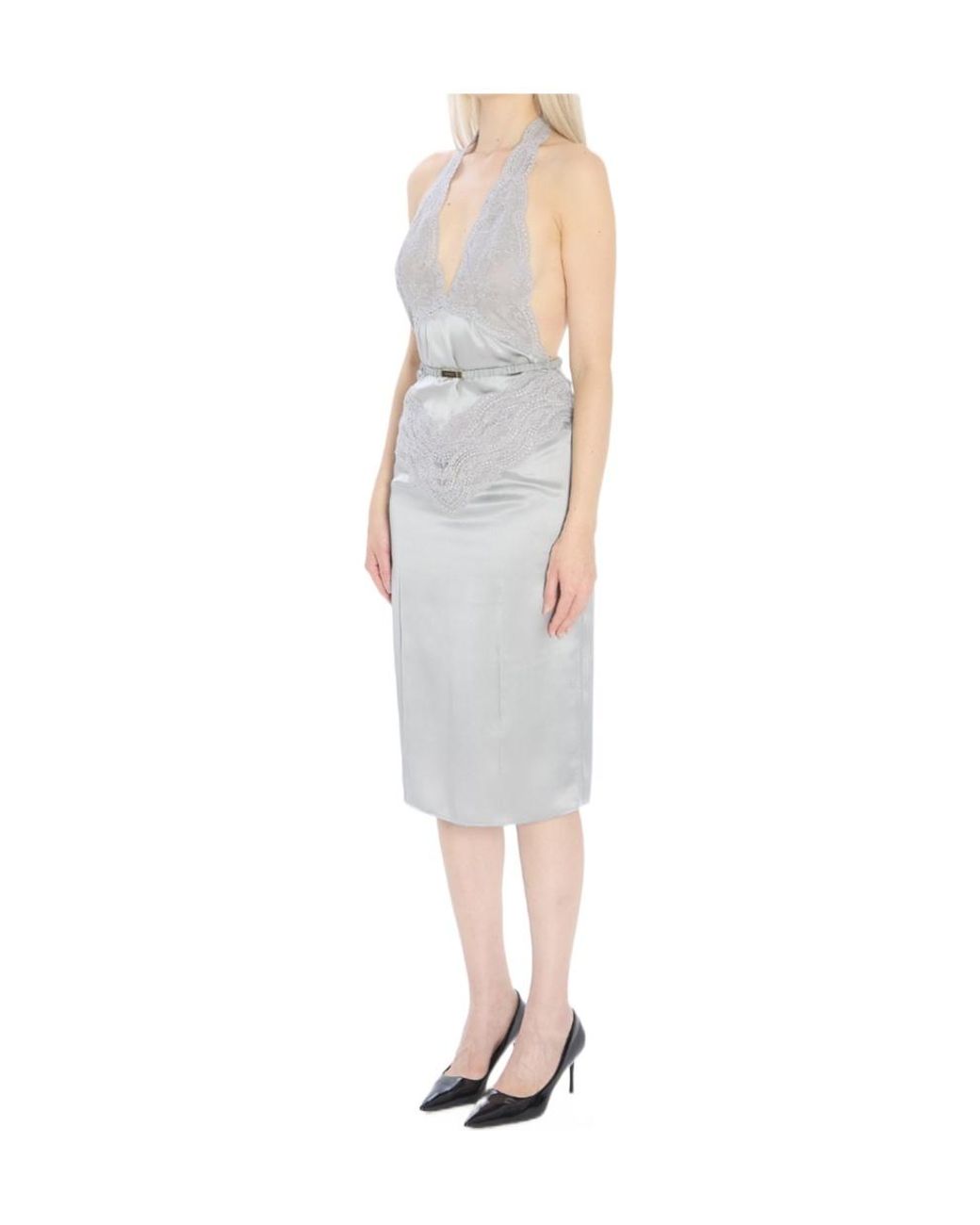 Gucci Gray Lace Detailed Satin Dress