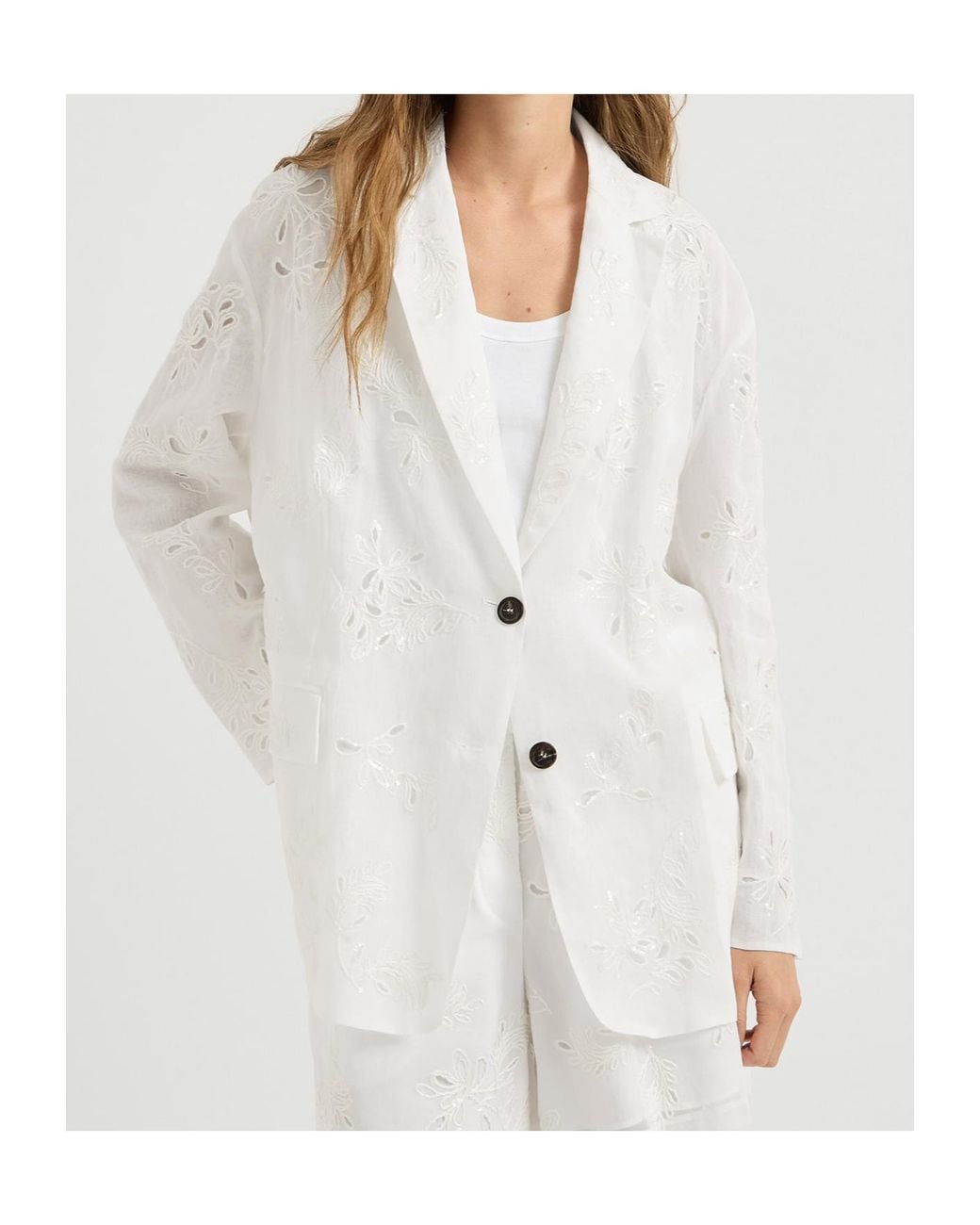 Brunello Cucinelli White Cotton Organza Blazer With Dazzling Broderie Anglaise With Monili