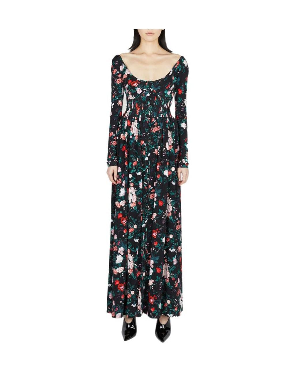 Rabanne Black Rose-Print Ruched Maxi Dress