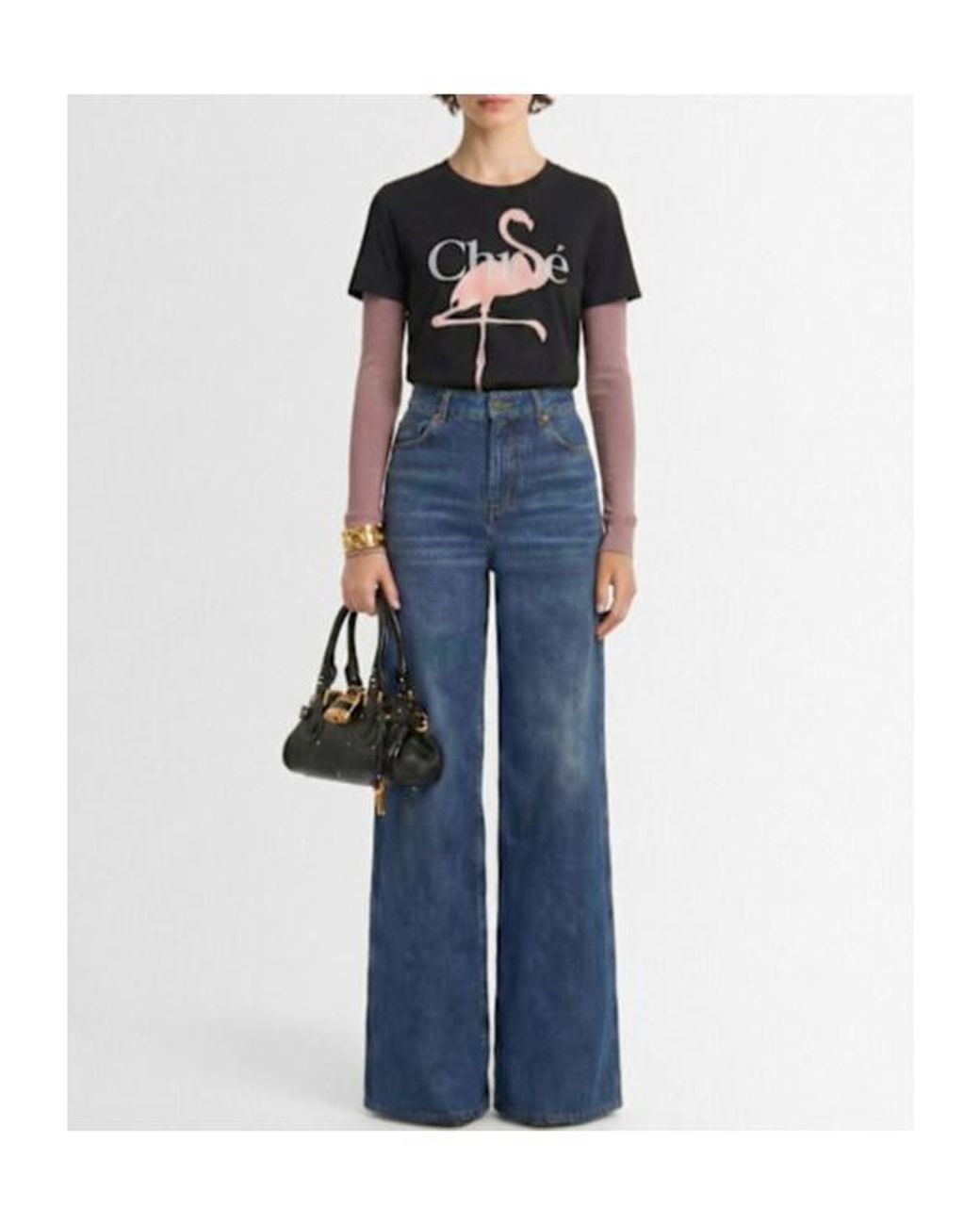 Chloé Black Cotton Jersey T-Shirt W/ Flamingo Print