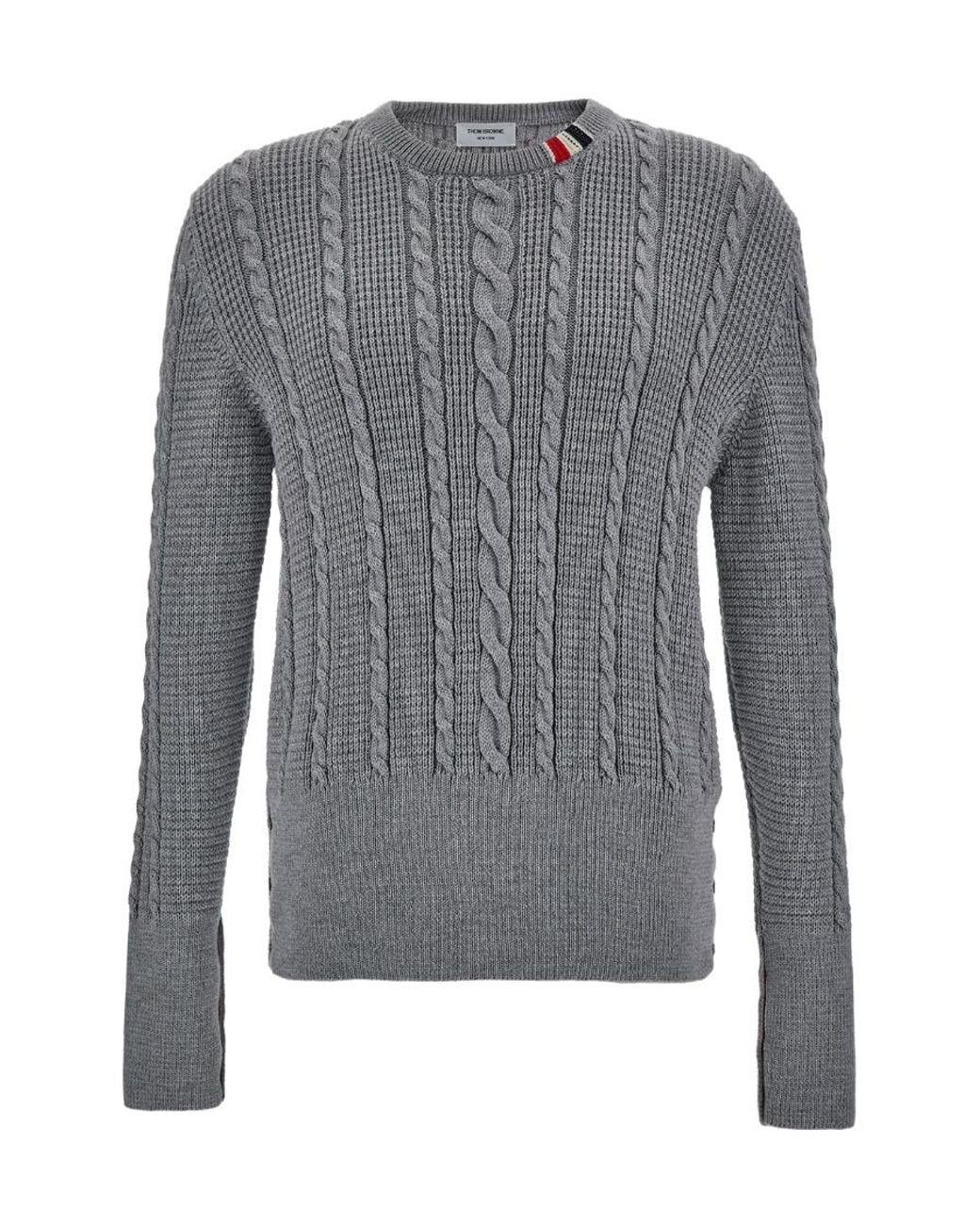 Thom Browne Gray Rwb-Striped Cable-Knitted Crewneck Jumper for men