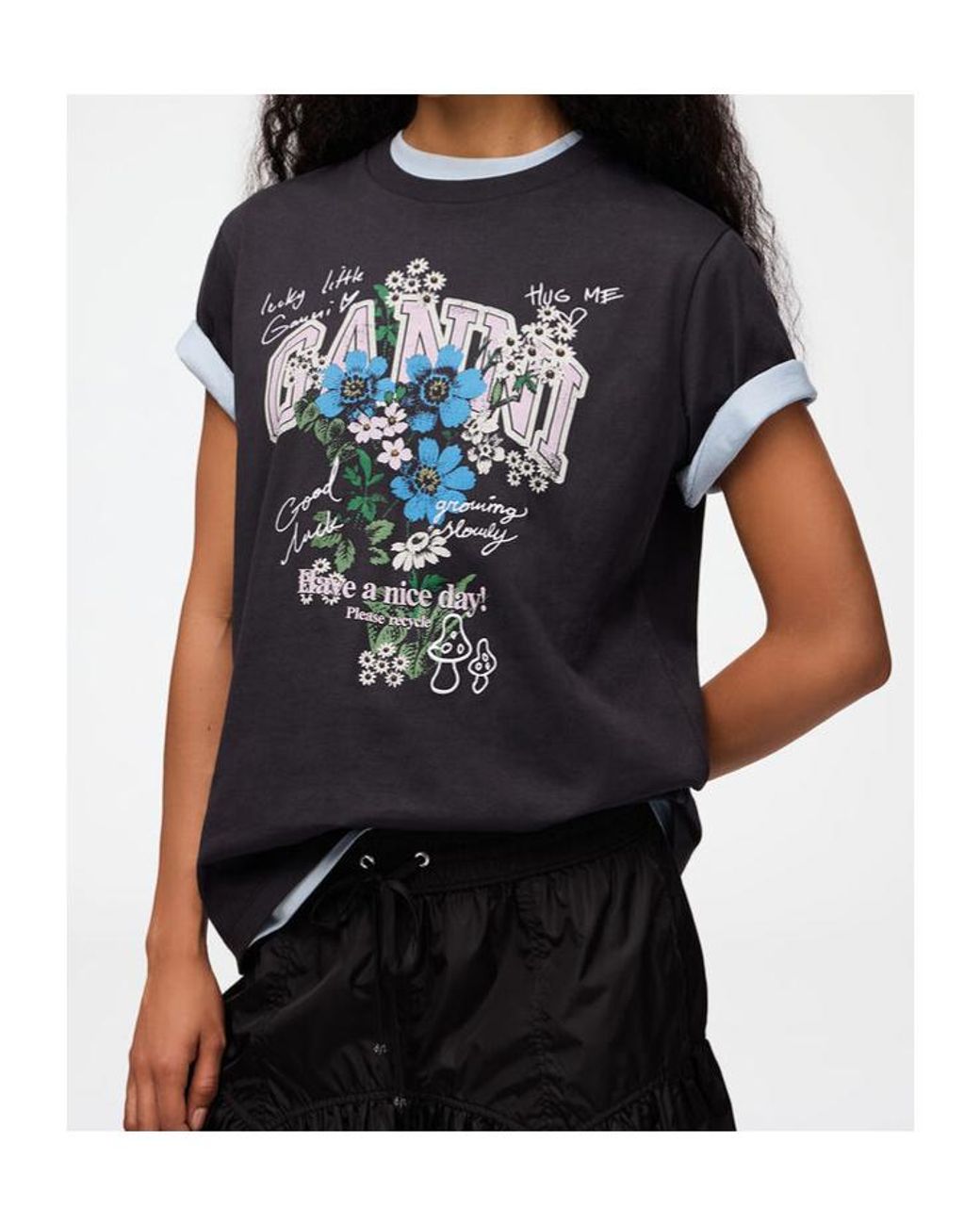 Ganni Black Relaxed Organic Cotton T-Shirt Flower
