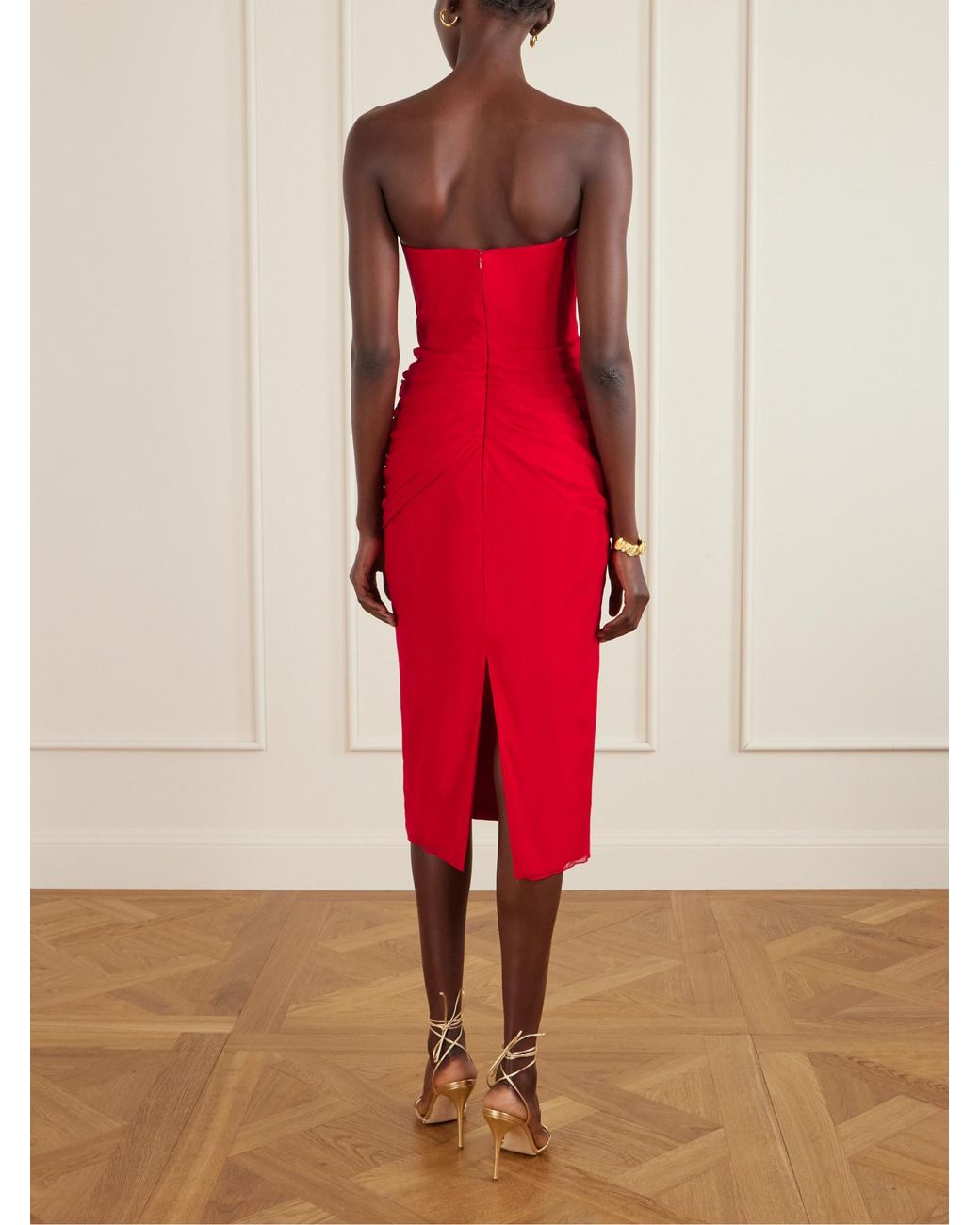Carolina Herrera Red Strapless Draped Silk-Chiffon Midi Dress