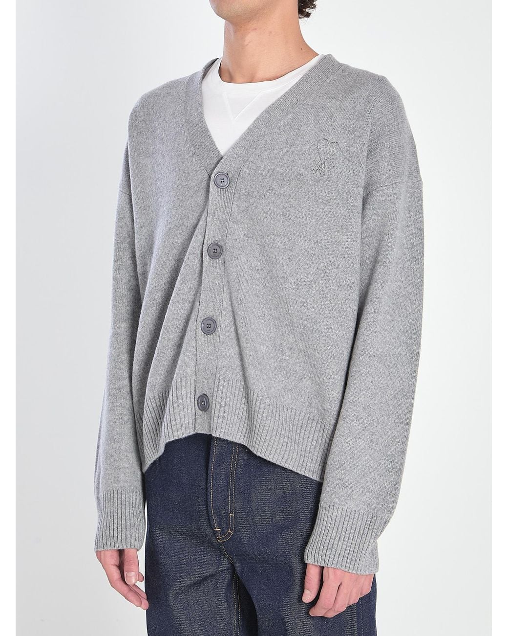 AMI Gray V-Neck Buttoned Cardigan for men