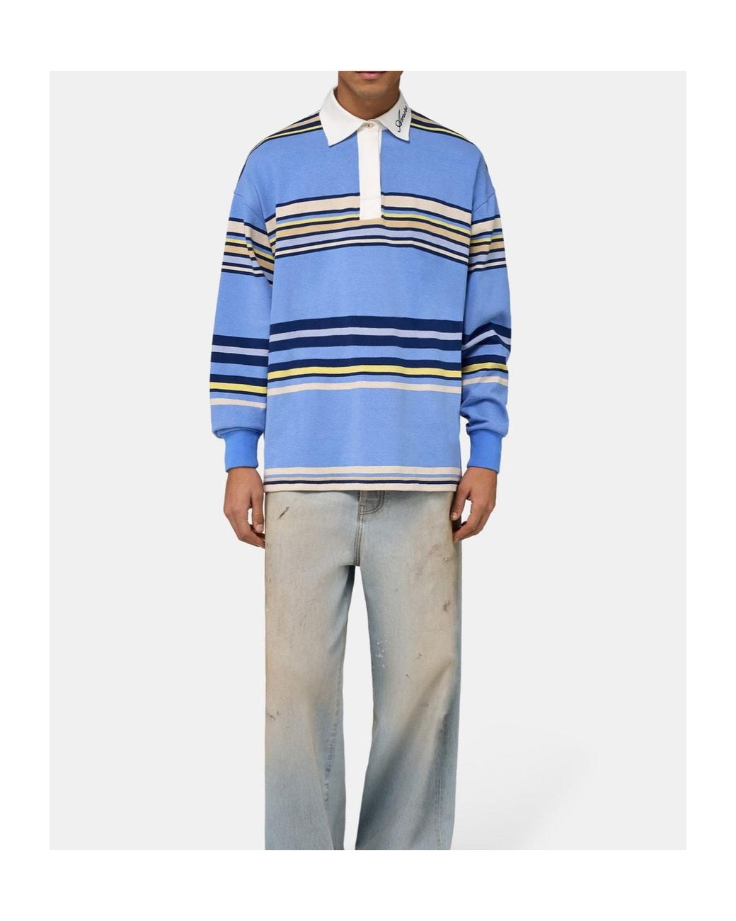 Amiri Blue Striped Oversized Long Sleeve Polo Shirt for men