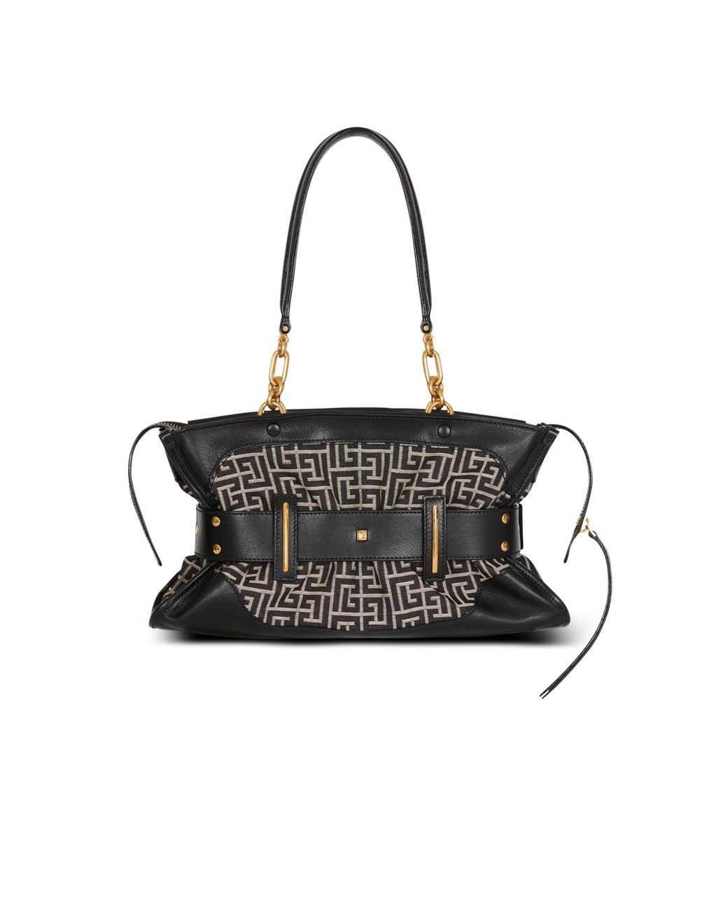 Balmain Black Leather And Monogram Jacquard Anthem Bag
