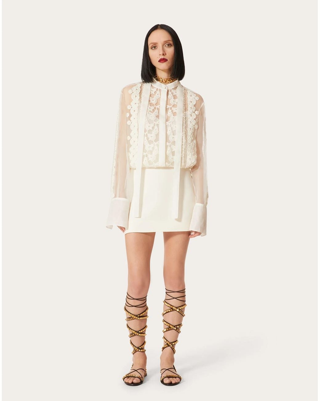 Valentino White Floral-Embroidered Long-Sleeve Dress