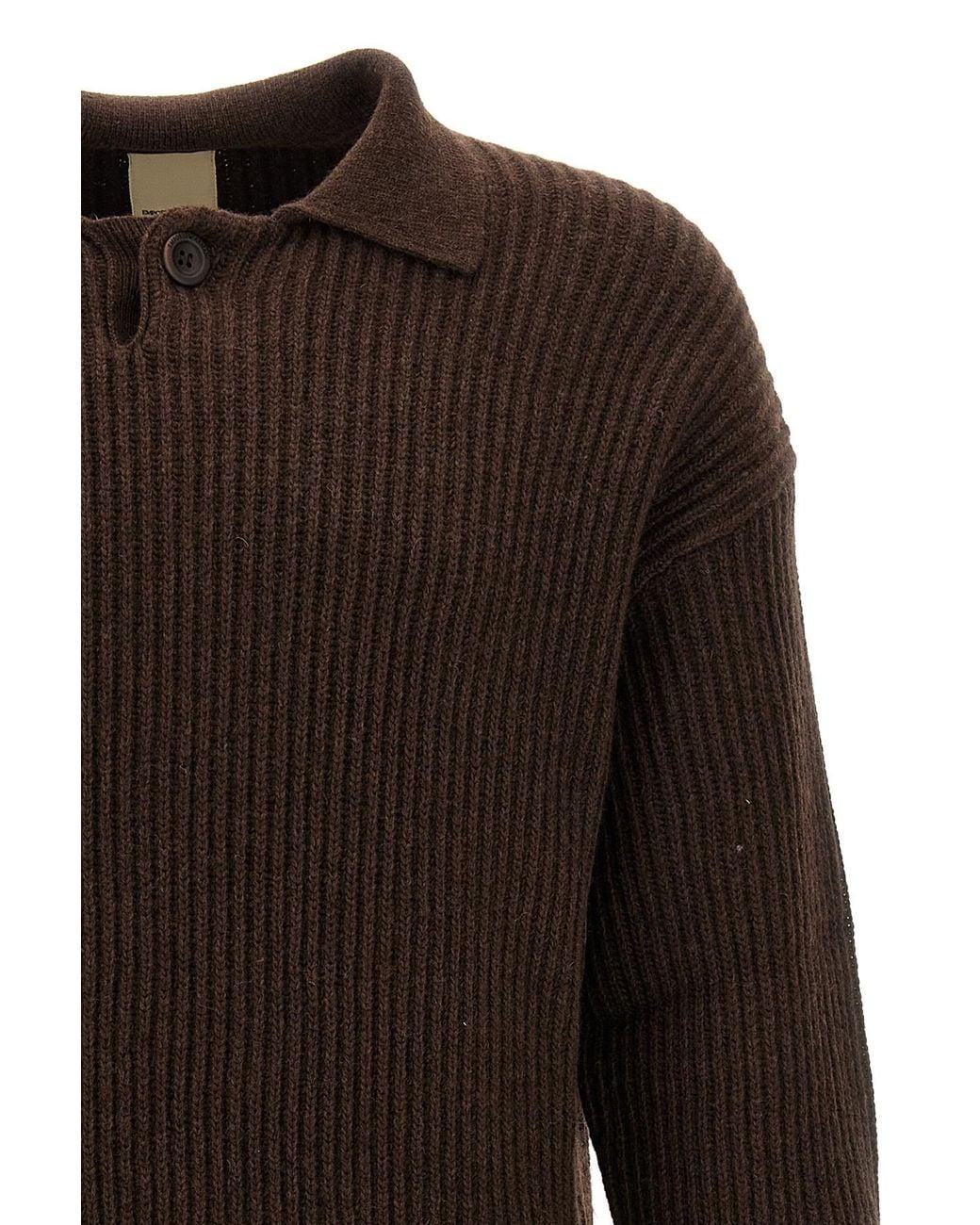Emporio Armani Brown Fisherman's-Knit Long Sleeved Polo Shirt for men