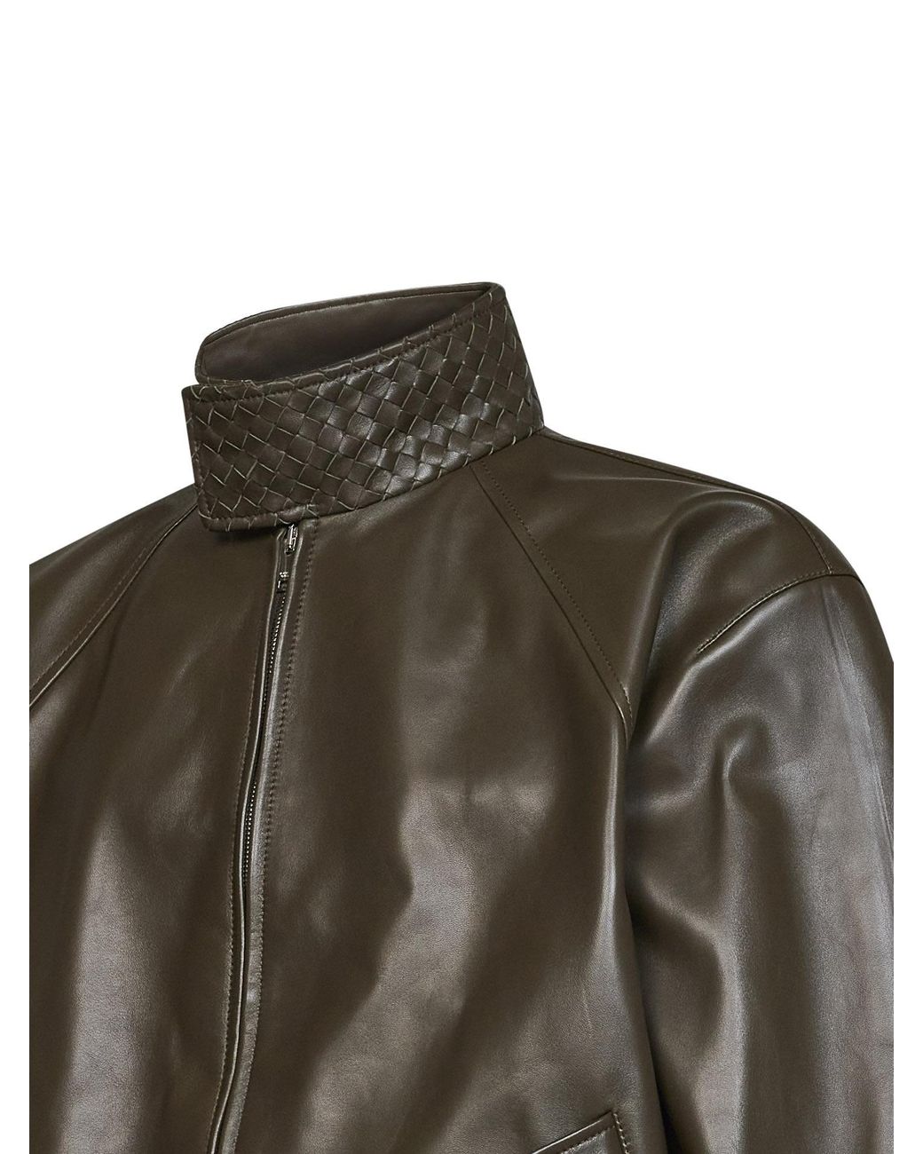 Bottega Veneta Brown Intrecciato Collar Leather Jacket for men