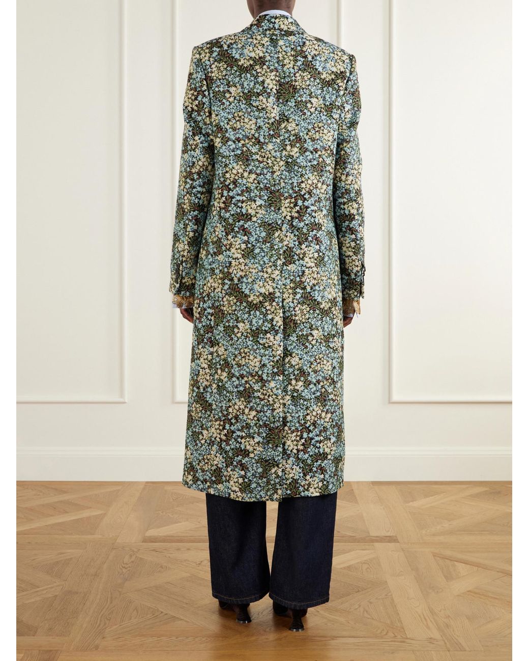 Dries Van Noten Green Double-Breasted Floral-Jacquard Coat