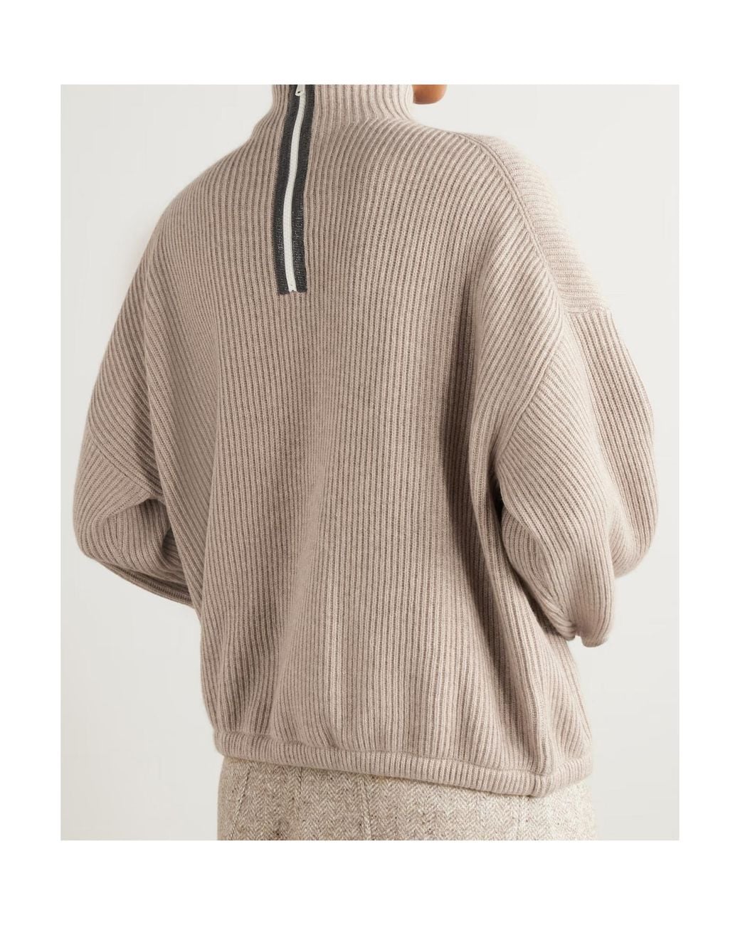 Brunello Cucinelli Natural Bead-Embellished Ribbed Cashmere Turtleneck Sweater