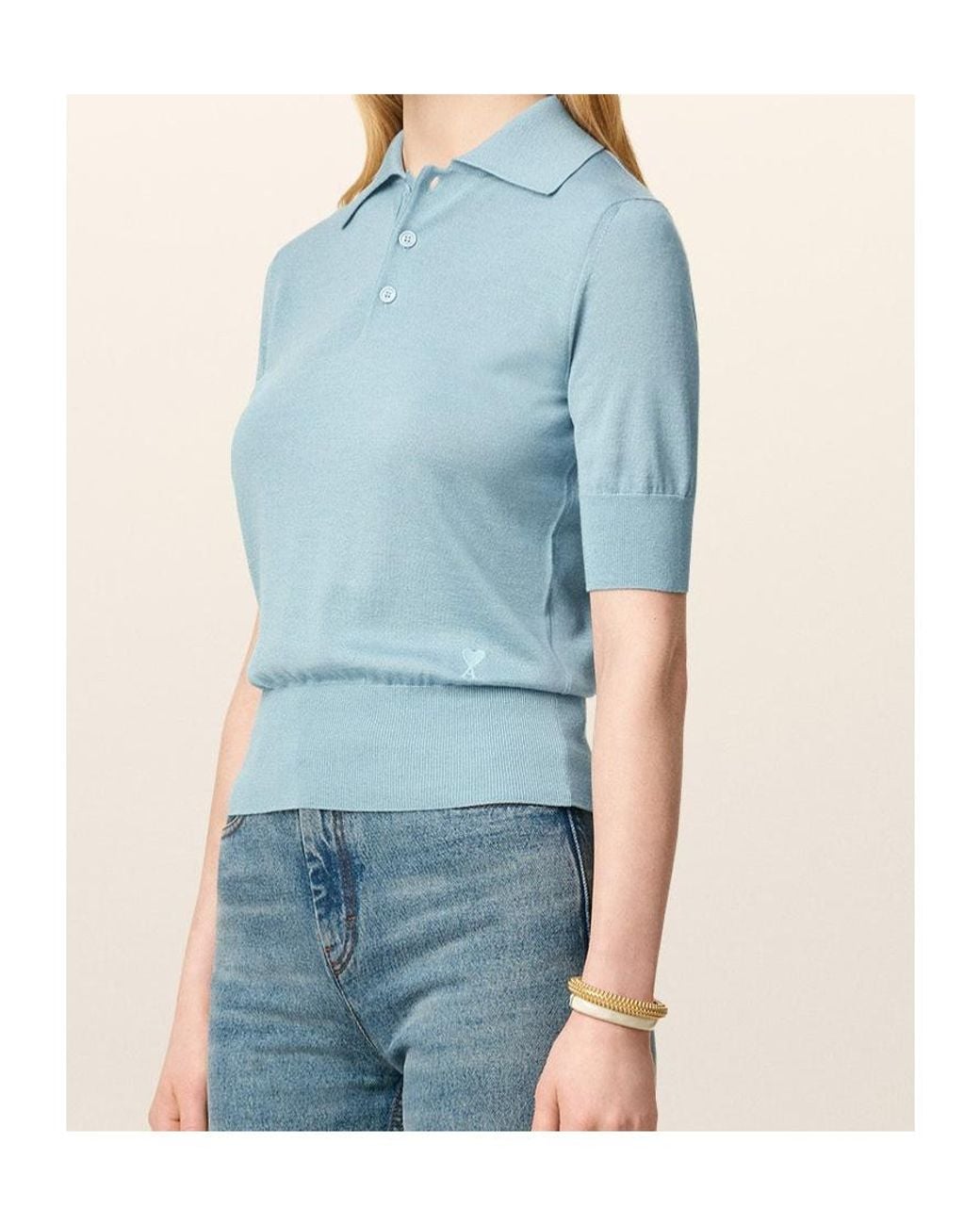 AMI Blue Logo-Embroidered Polo Top