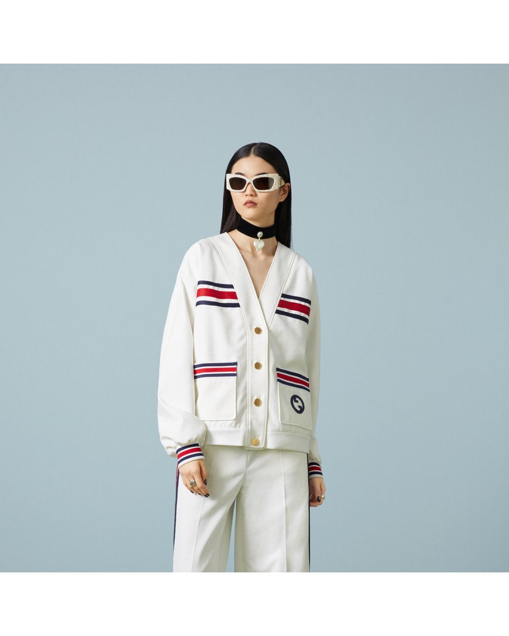 Gucci White Web-Striped V-Neck Cardigan