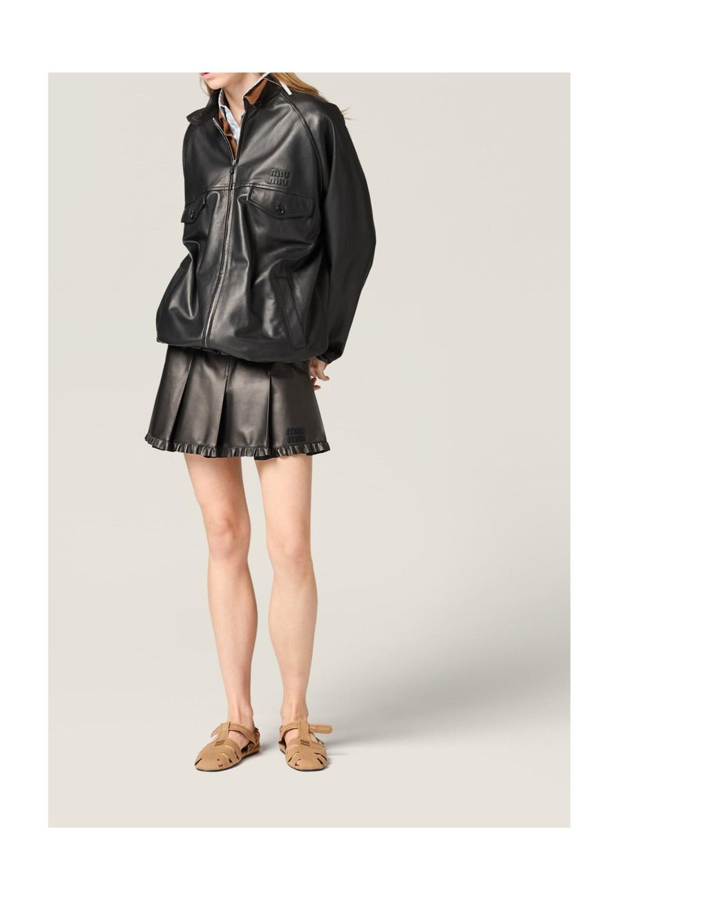 Miu Miu Gray Pleated Nappa Leather Skirt