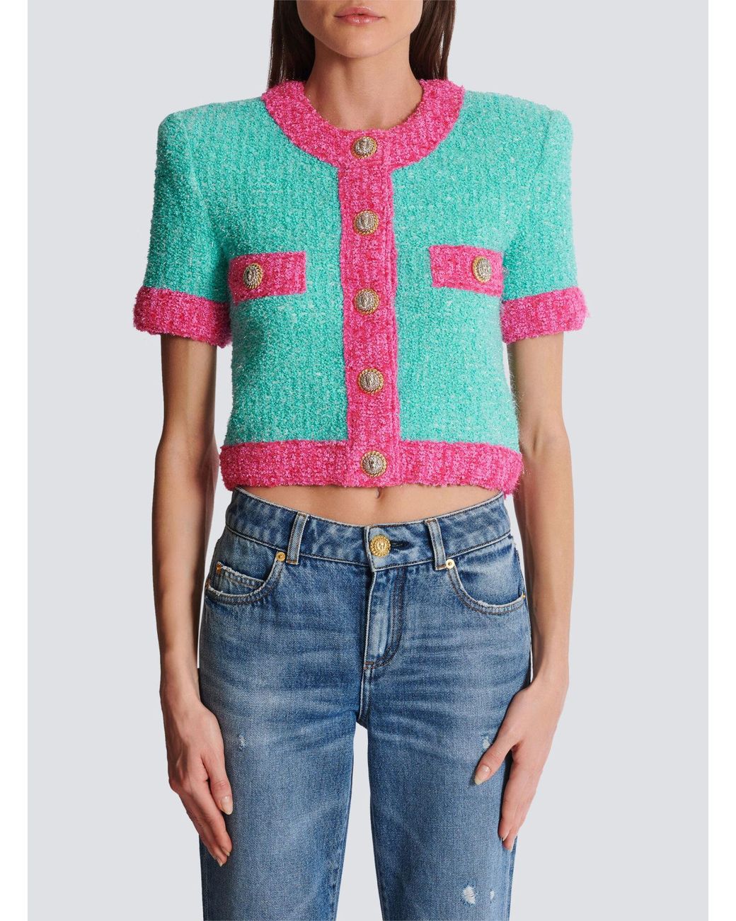 Balmain Pink Two-Tone Cropped Knit Cardigan