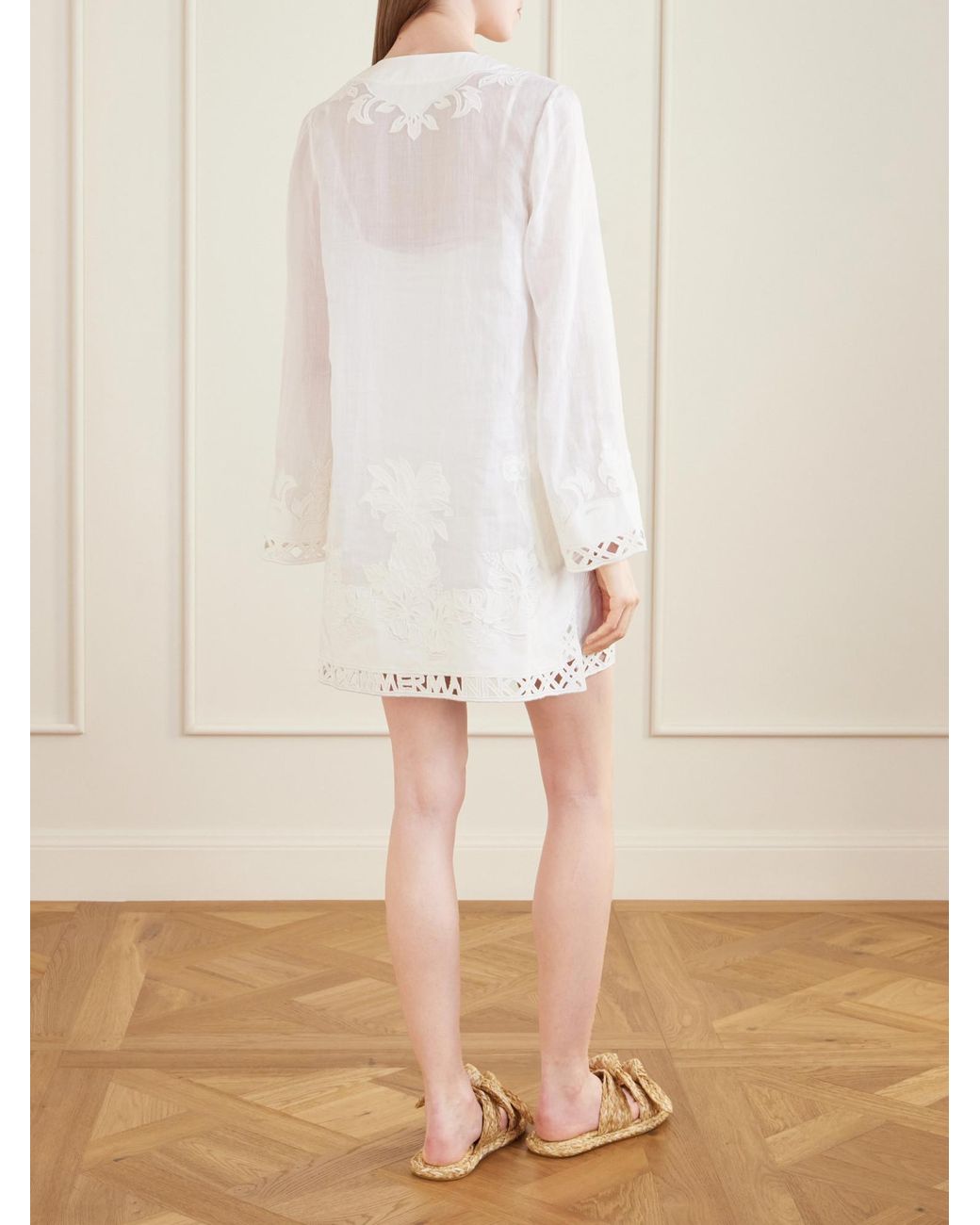 Zimmermann White Indra Belted Embroidered Ramie Mini Dress