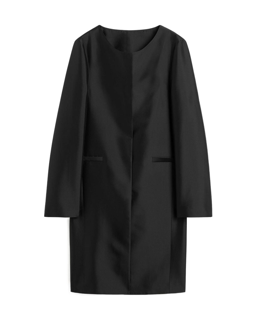 Totême Black Collarless Silk Coat