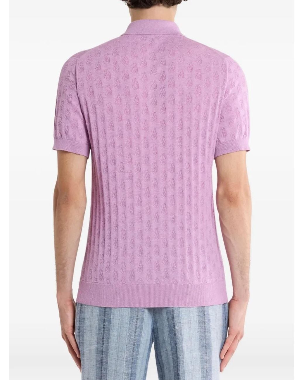 Etro Pink Knit Cotton Polo Shirt With Micro Paisley Motif for men