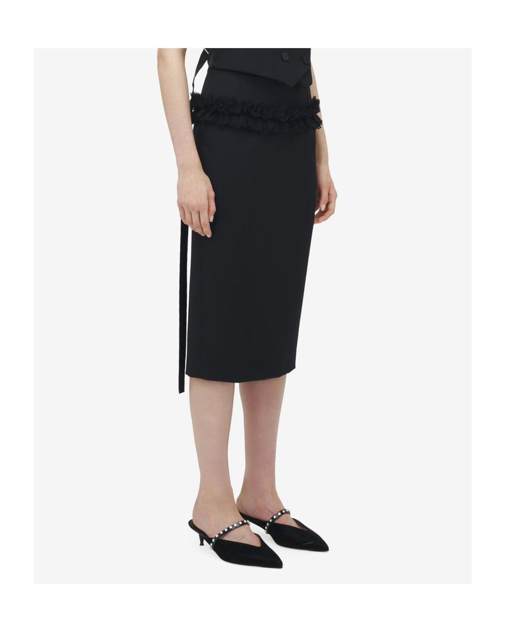 McQueen Black Wool Ruffle Midi Pencil Skirt