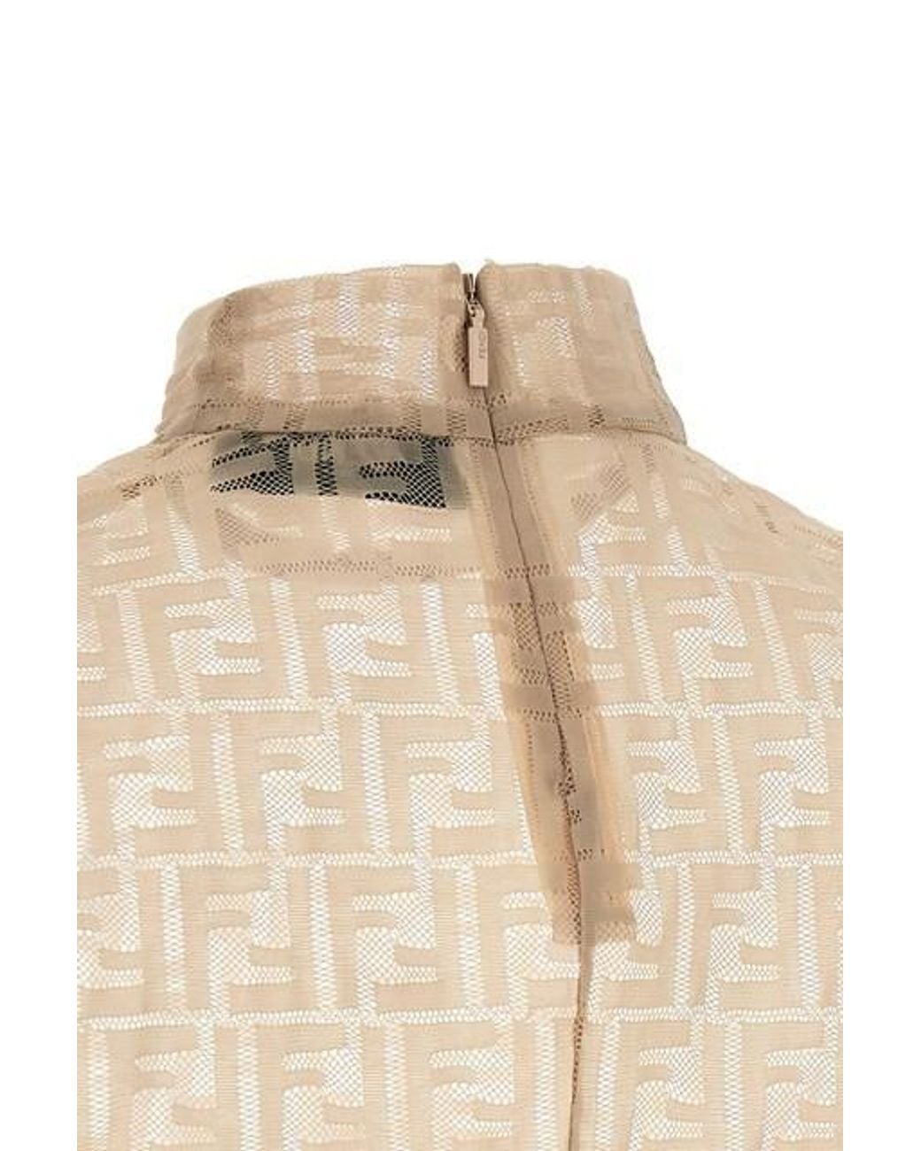 Fendi Natural Crewneck Sleeveless Top With All-Over Ff Motif And Rear Zip Closure