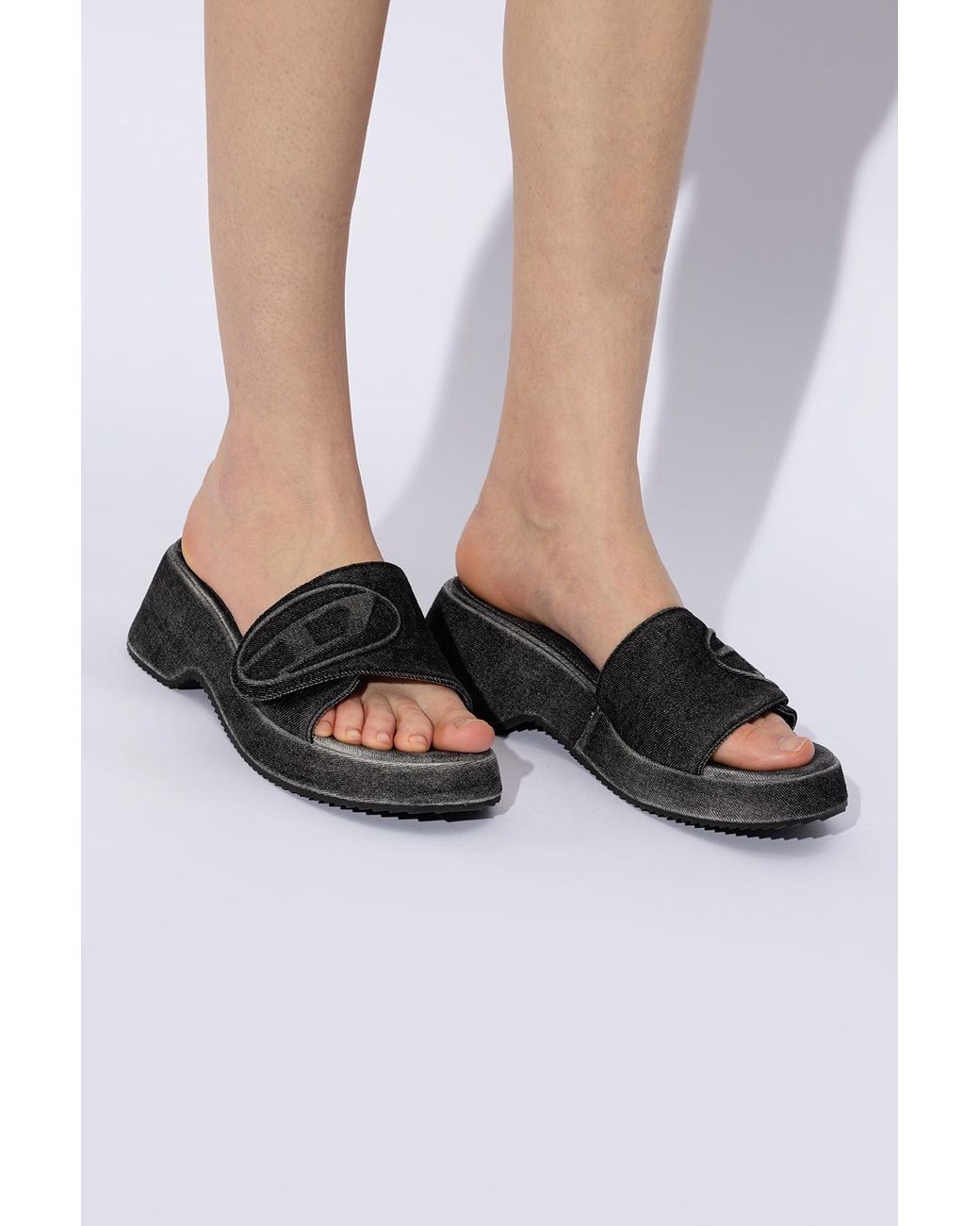 ◆DIESEL◆ SA Oval D PF W Sandal Black Y03284P0585H1939 Y032 Women's Sa-Oval D-Denim slide sandals with Oval D strap