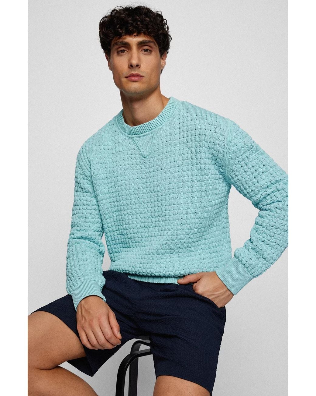 Boss Blue Crew Neck Knit Sweater for men