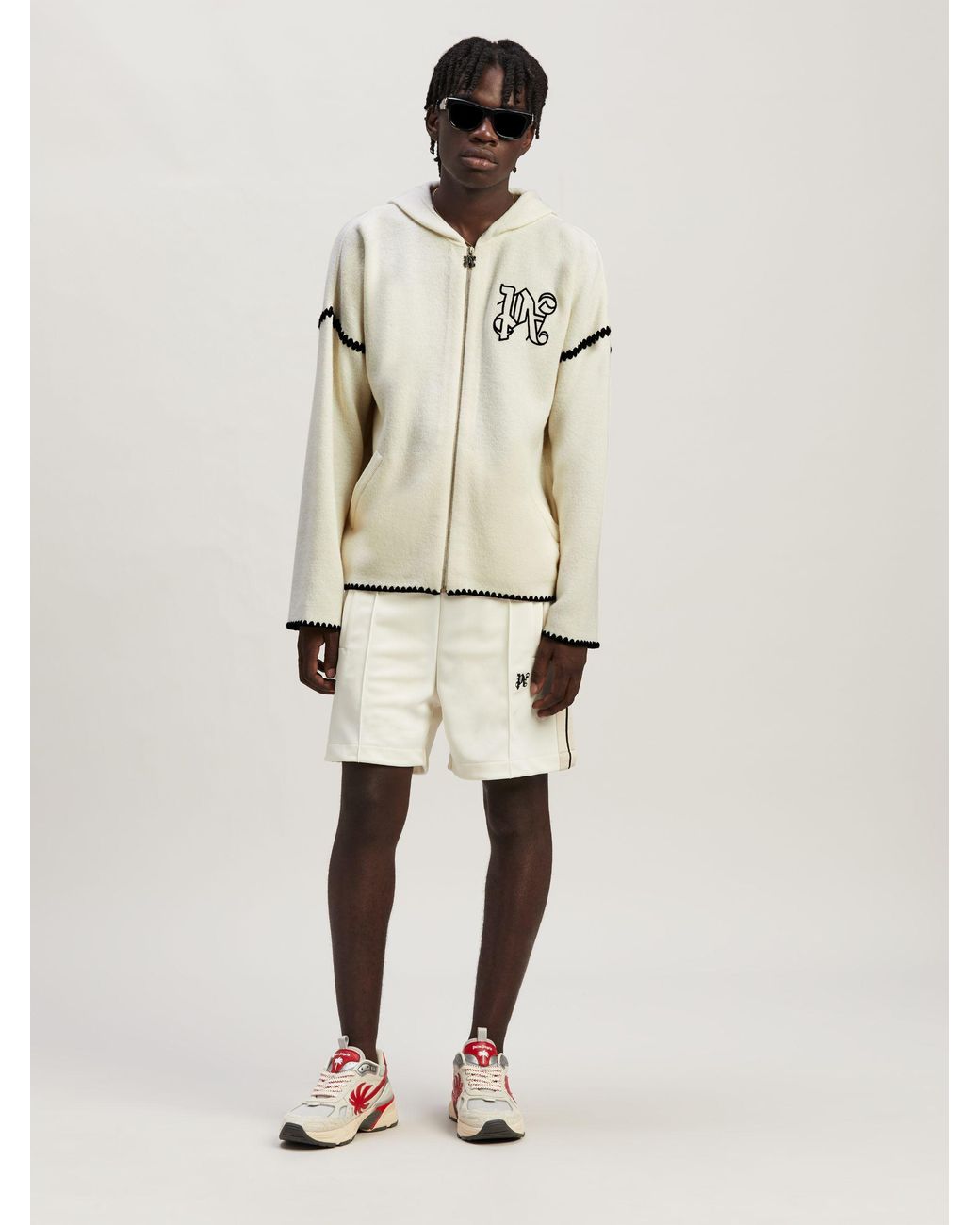 Palm Angels Natural Monogram Embroidered Zipped Knitted Hoodie for men