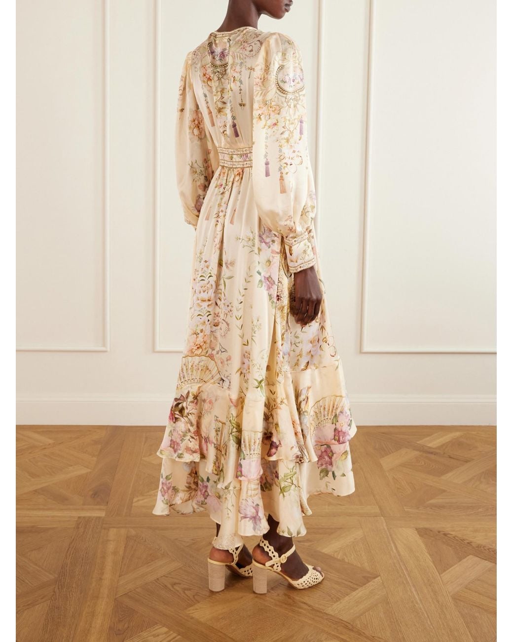 Camilla Natural Crystal-Embellished Tiered Floral-Print Silk-Chiffon Midi Dress