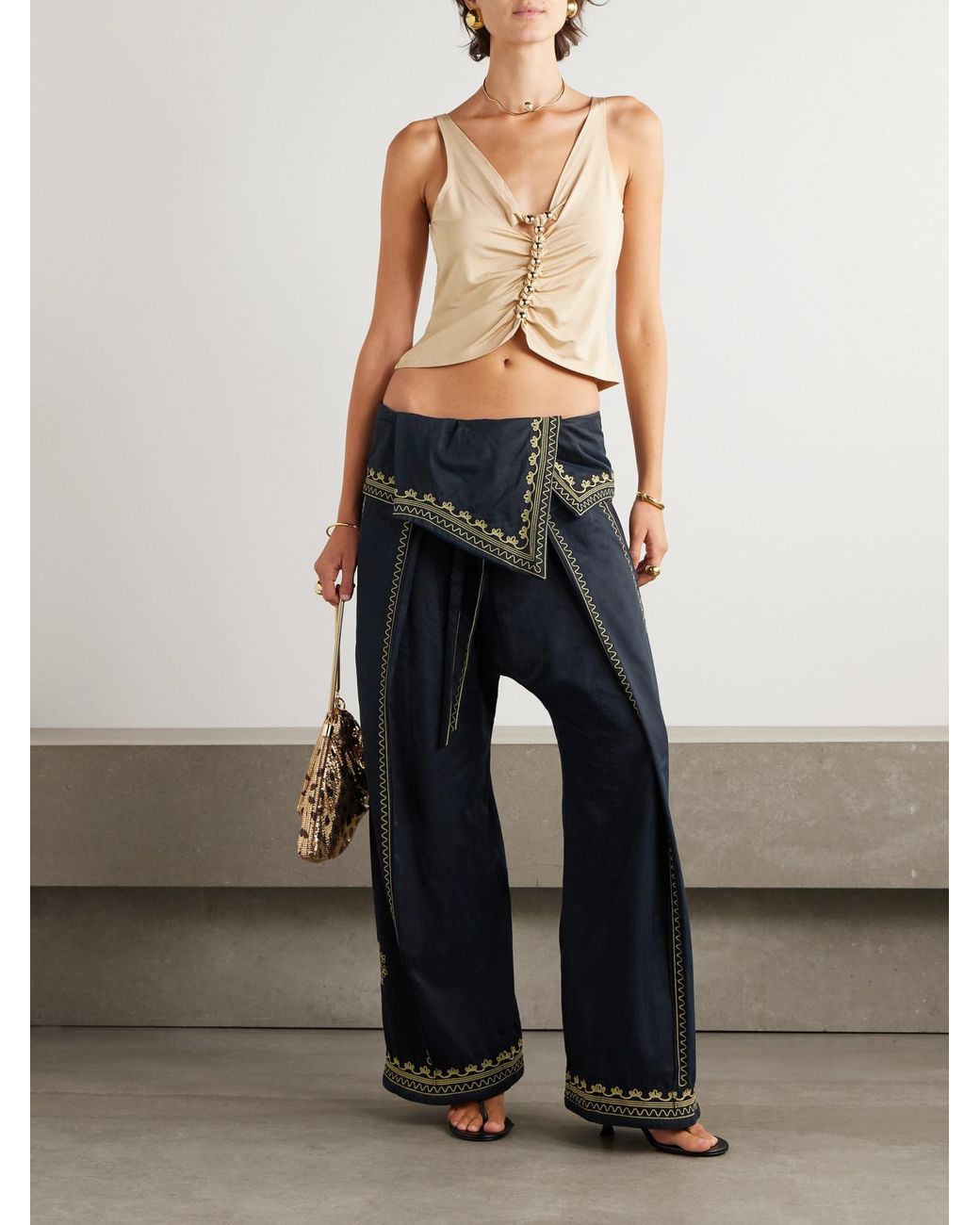 Rabanne Blue Embroidered Belted Layered Twill Pants
