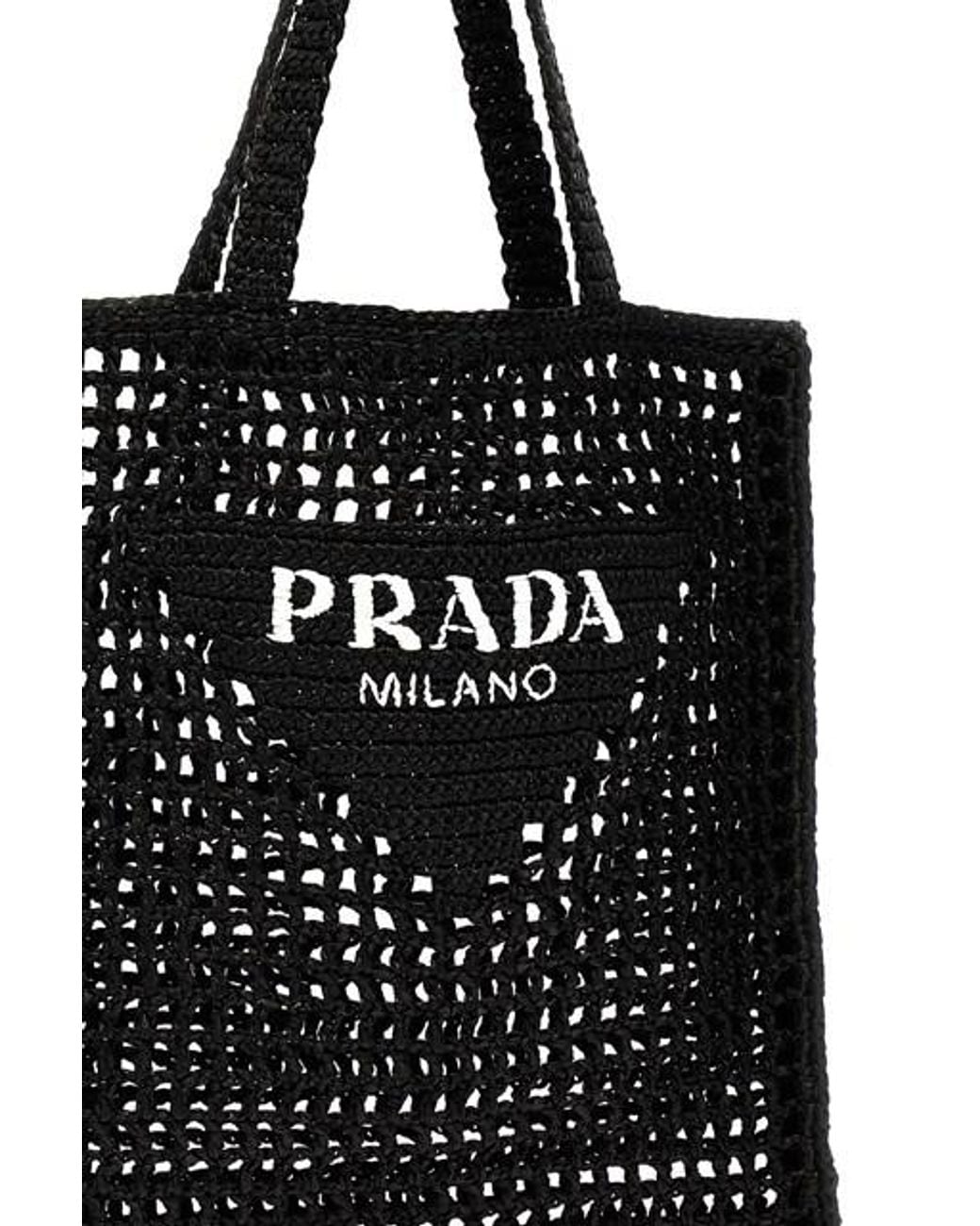 Prada Black Logo Printed Woven Tote Bag