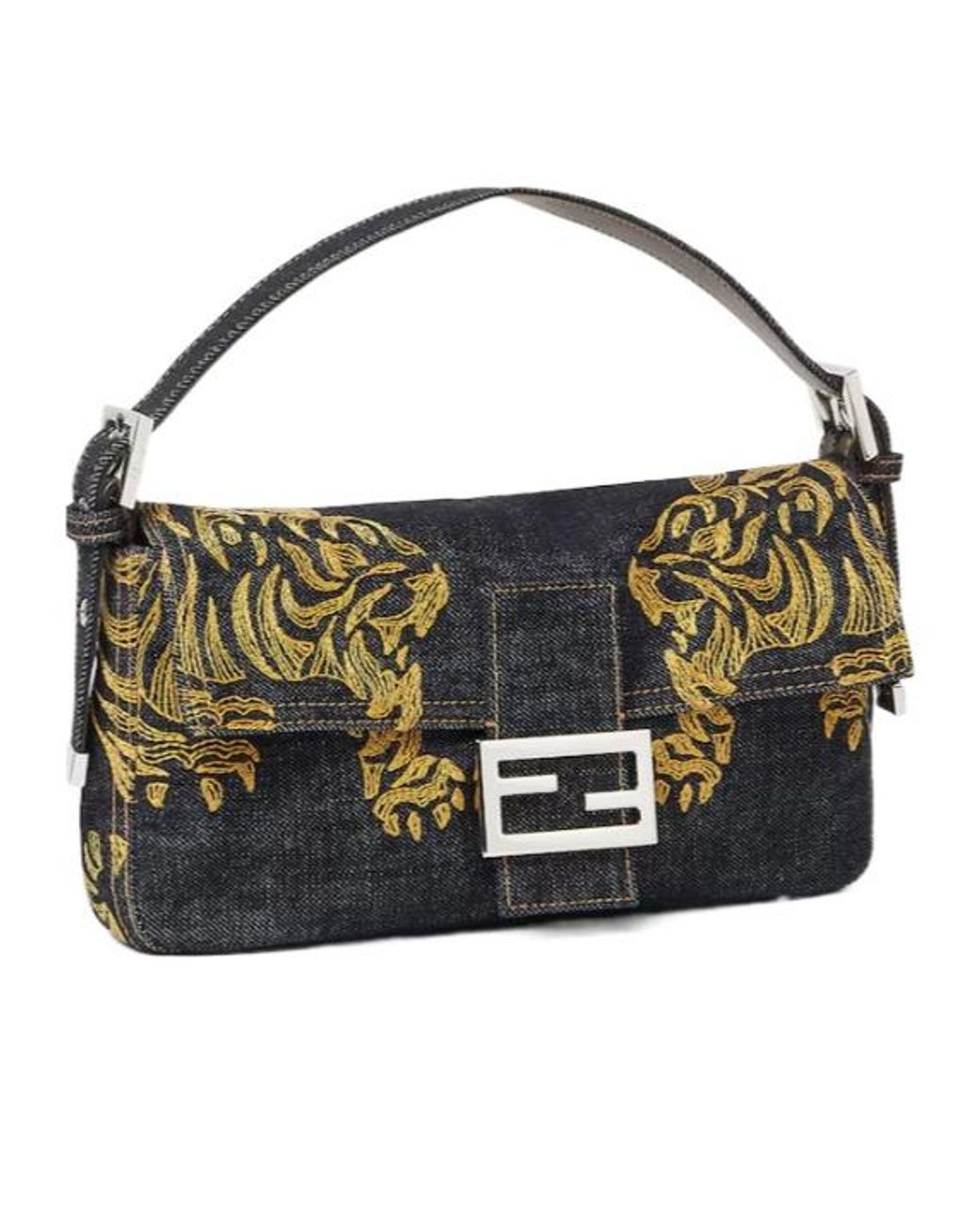 Fendi Black Baguette 26424 Dark Denim Bag With Embroidery