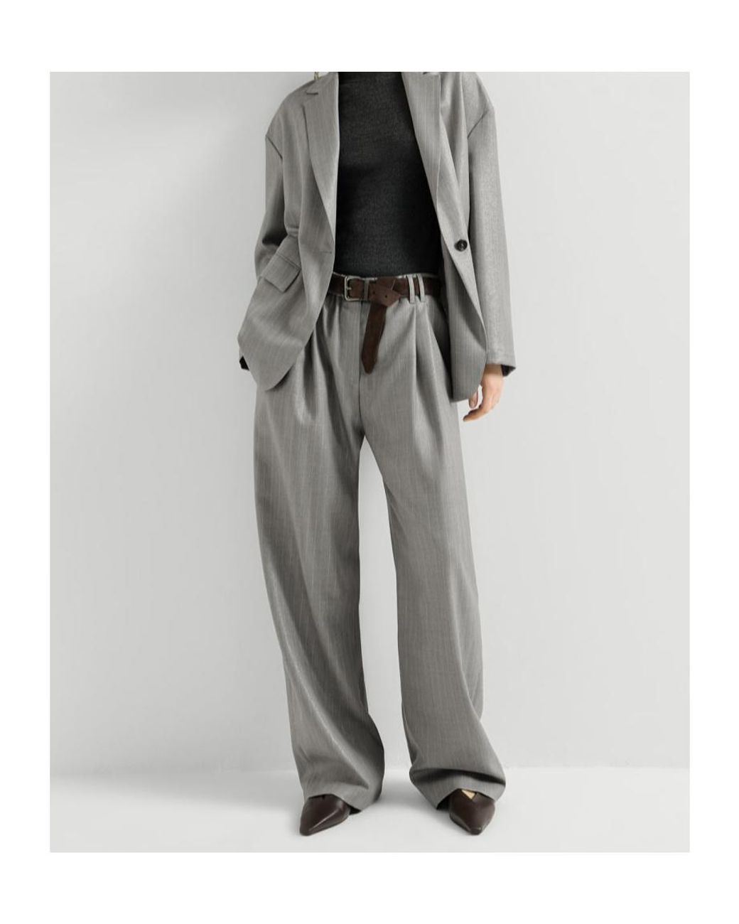 Brunello Cucinelli Gray Sparkling Virgin Wool Pinstripe Track Trousers With Monili
