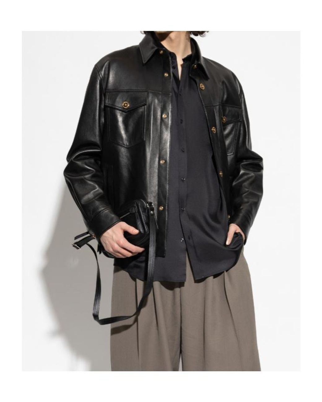 Versace Black Button-Up Leather Overshirt for men