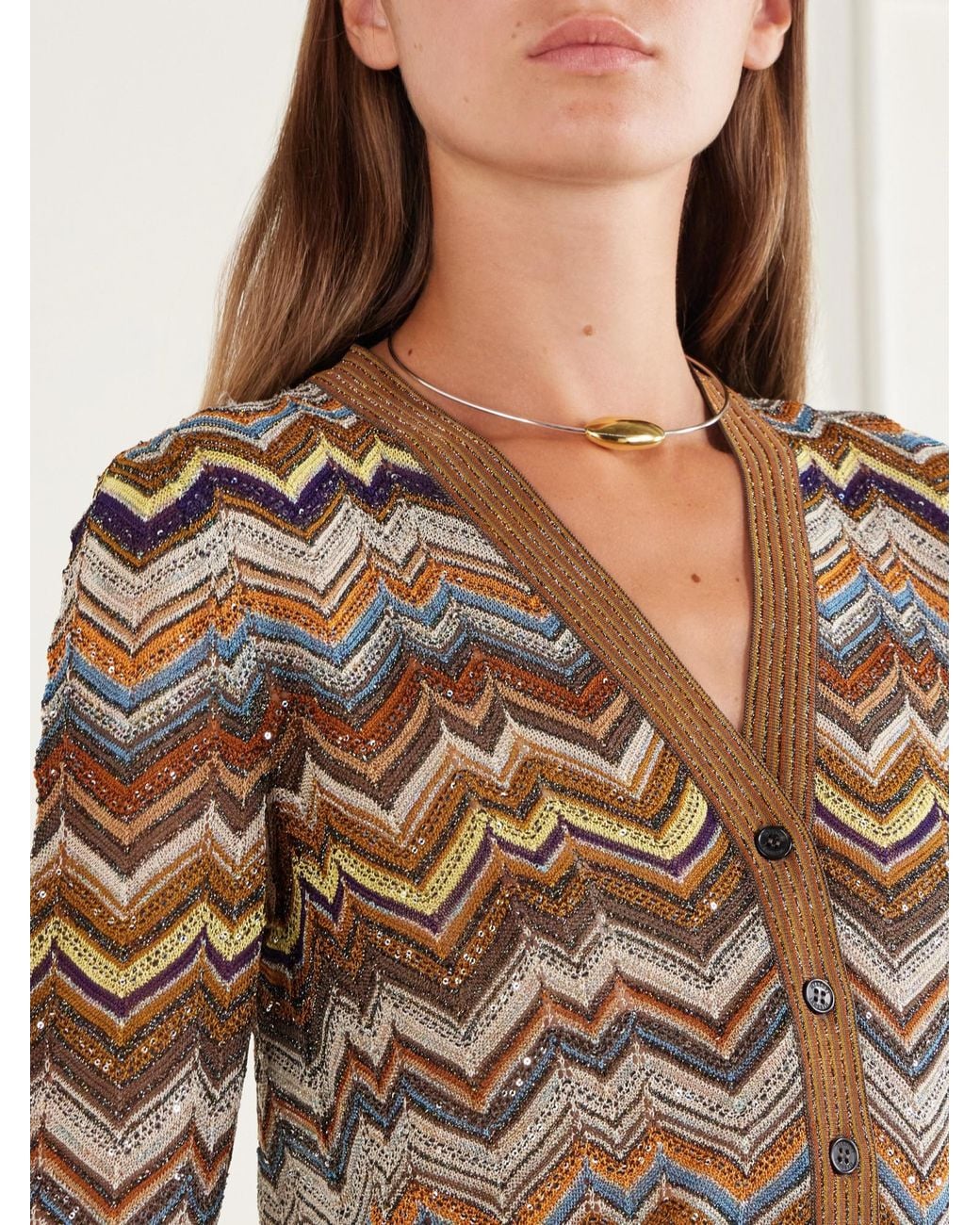 Missoni Brown Striped Metallic Crochet-Knit Cardigan