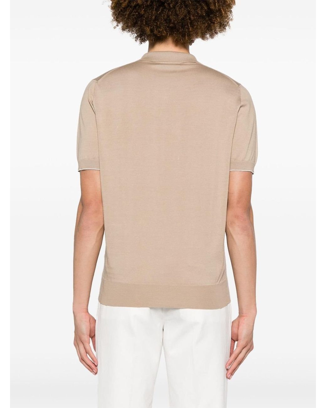 Brunello Cucinelli Natural Short-Sleeved Fine-Knitted Polo Shirt for men