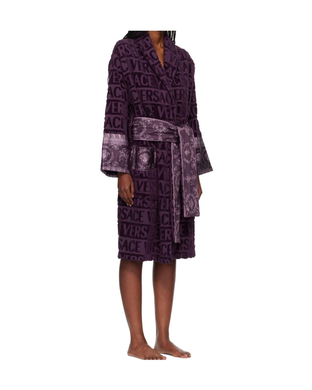 Versace Purple Logo-Print Belted Bathrobe for men