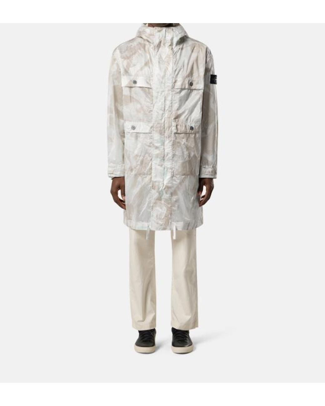 Stone Island White Camouflage Printed Hooded Coat for men