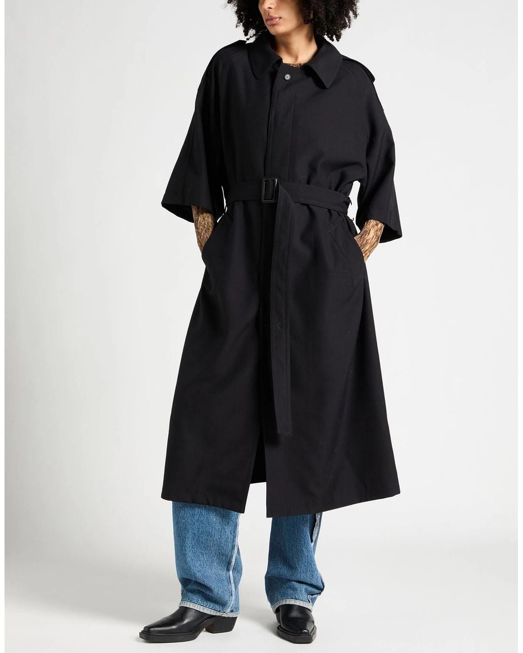 MM6 by Maison Margiela Black Solid-Color Short-Sleeve Wool Trench Coat