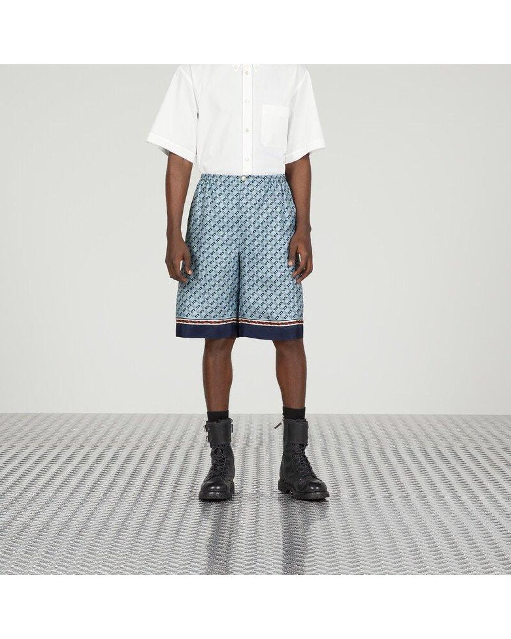 Gucci Blue Geometric Square G Printed Silk Shorts for men