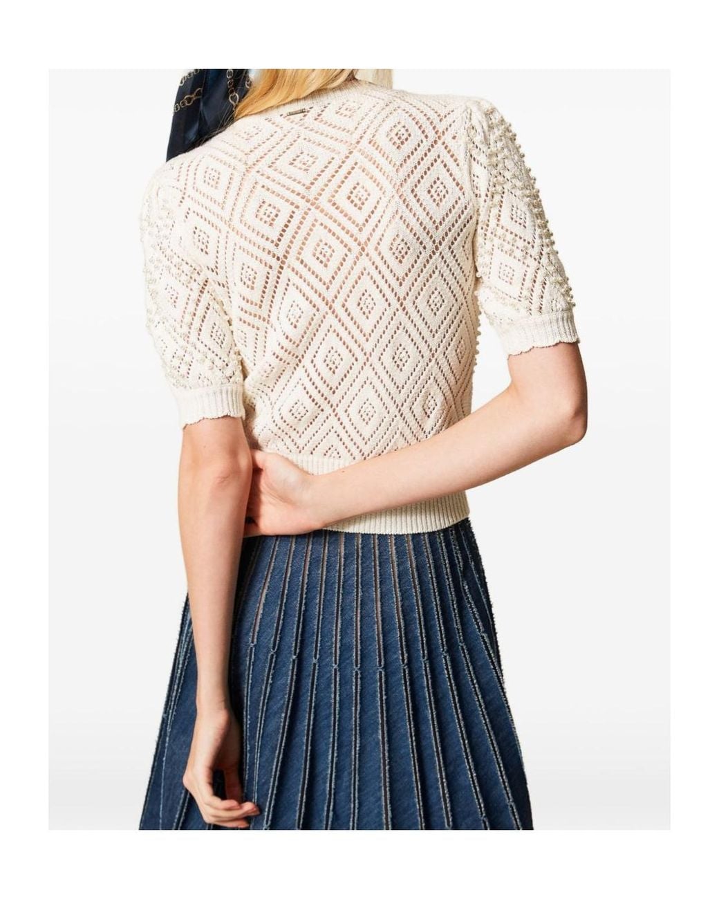 Twinset White Embellished Short-Sleeved Knitted Sweater