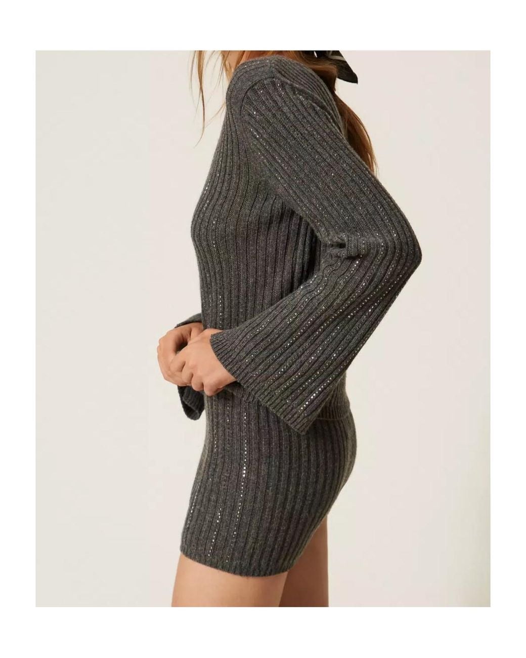 Twinset Gray Strass Ribbed Knitted Sweater