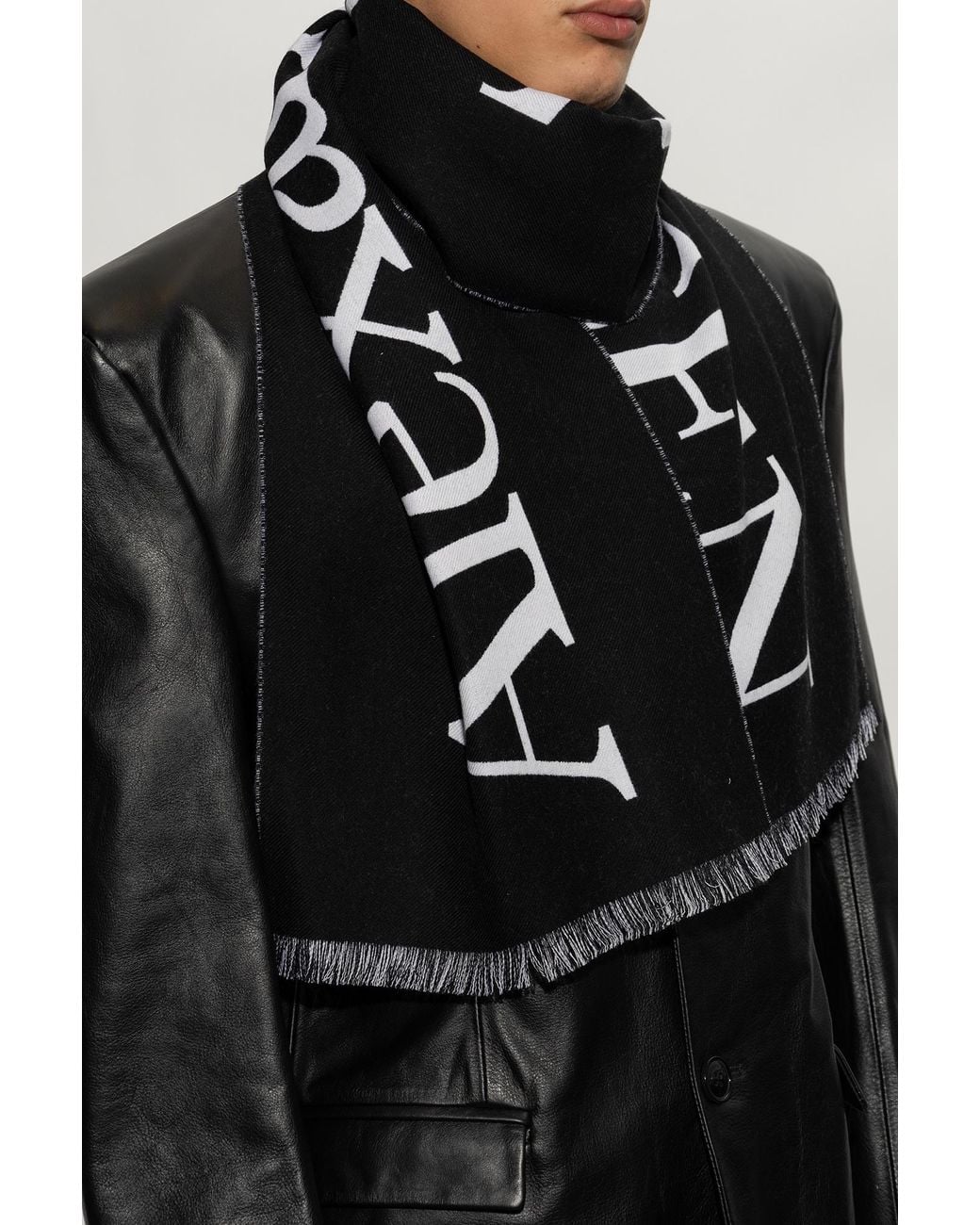 McQueen Black Logo Intarsia Knitted Fringed Scarf for men